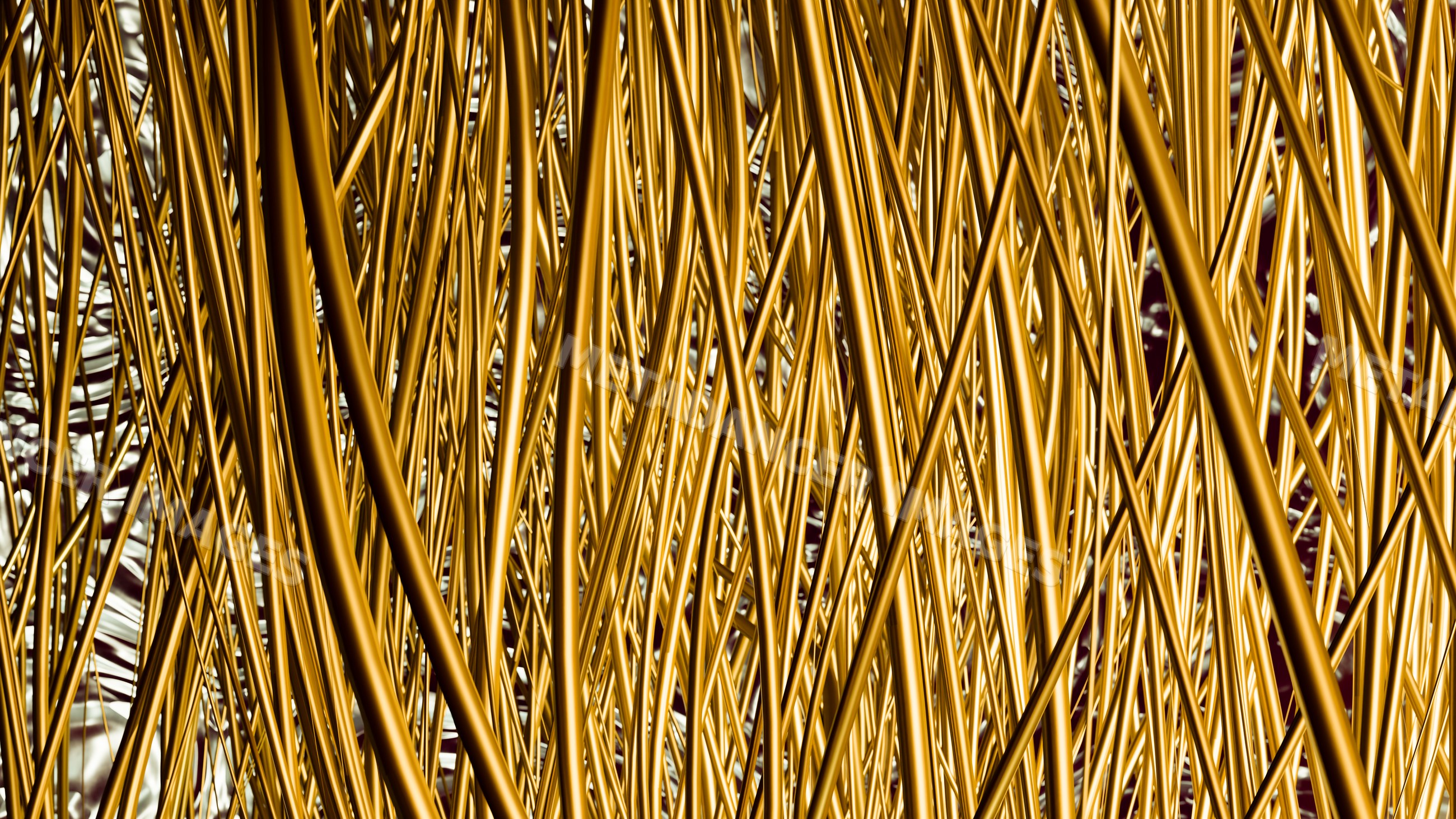 Golden thin metal rods forming an intricate abstract pattern