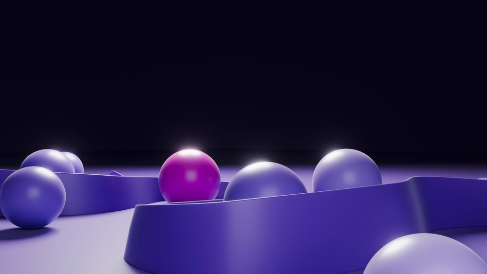 3d render of glowing purple and blue spheres in abstract composition