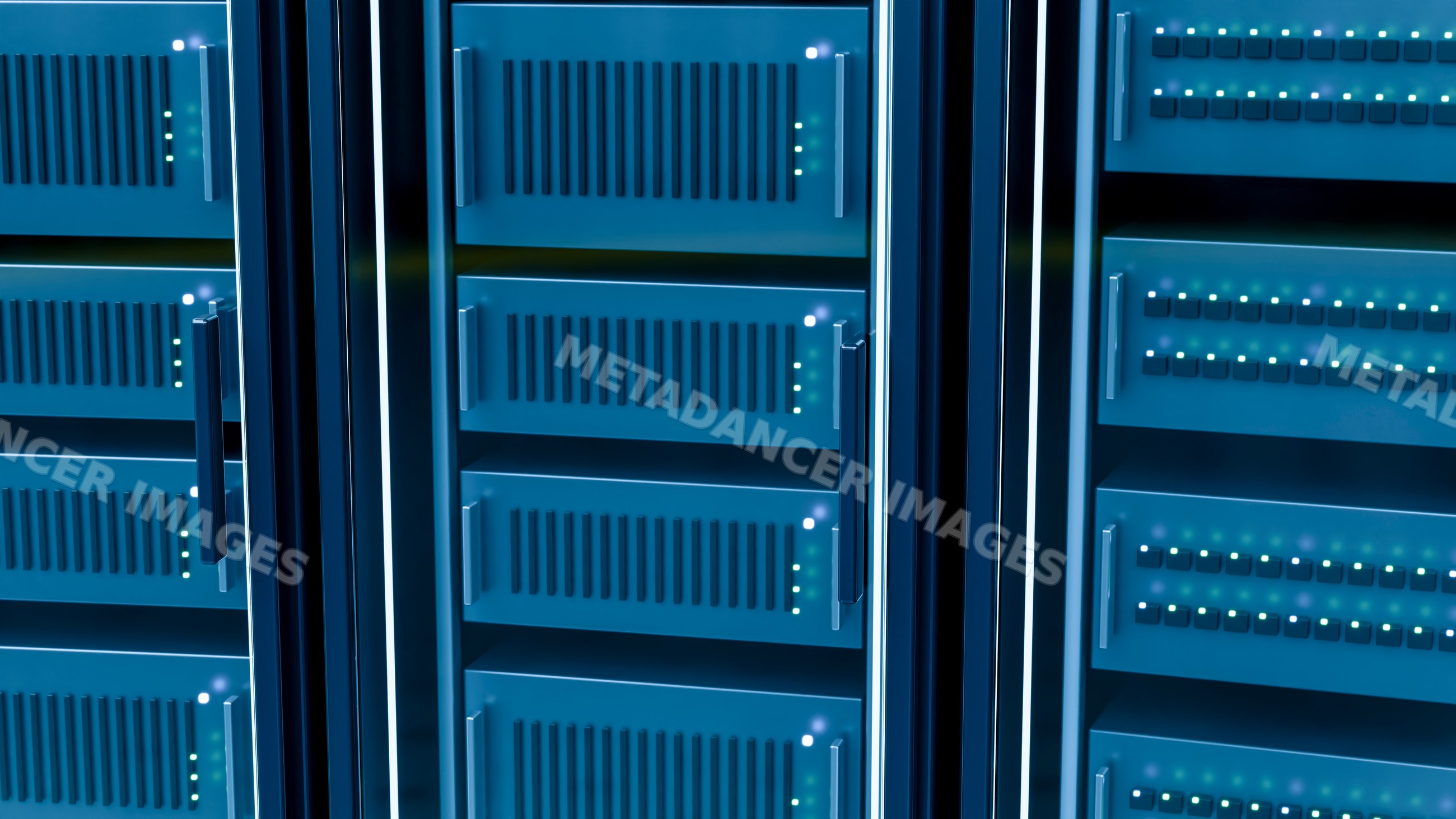 Server racks with led lights in a data center