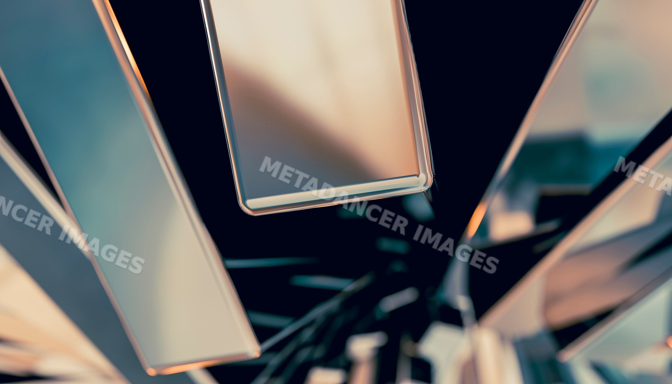 Close-up of an abstract art installation with multiple angled mirrors