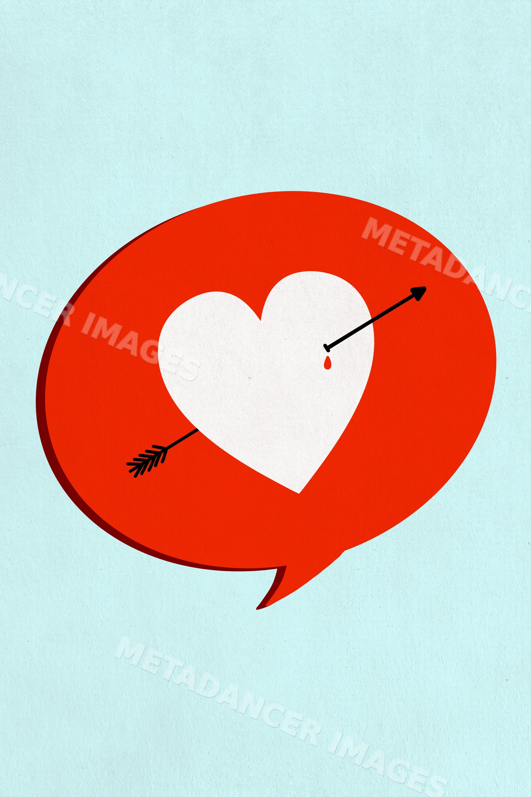 Illustration of heart pierced by arrow inside red speech bubble