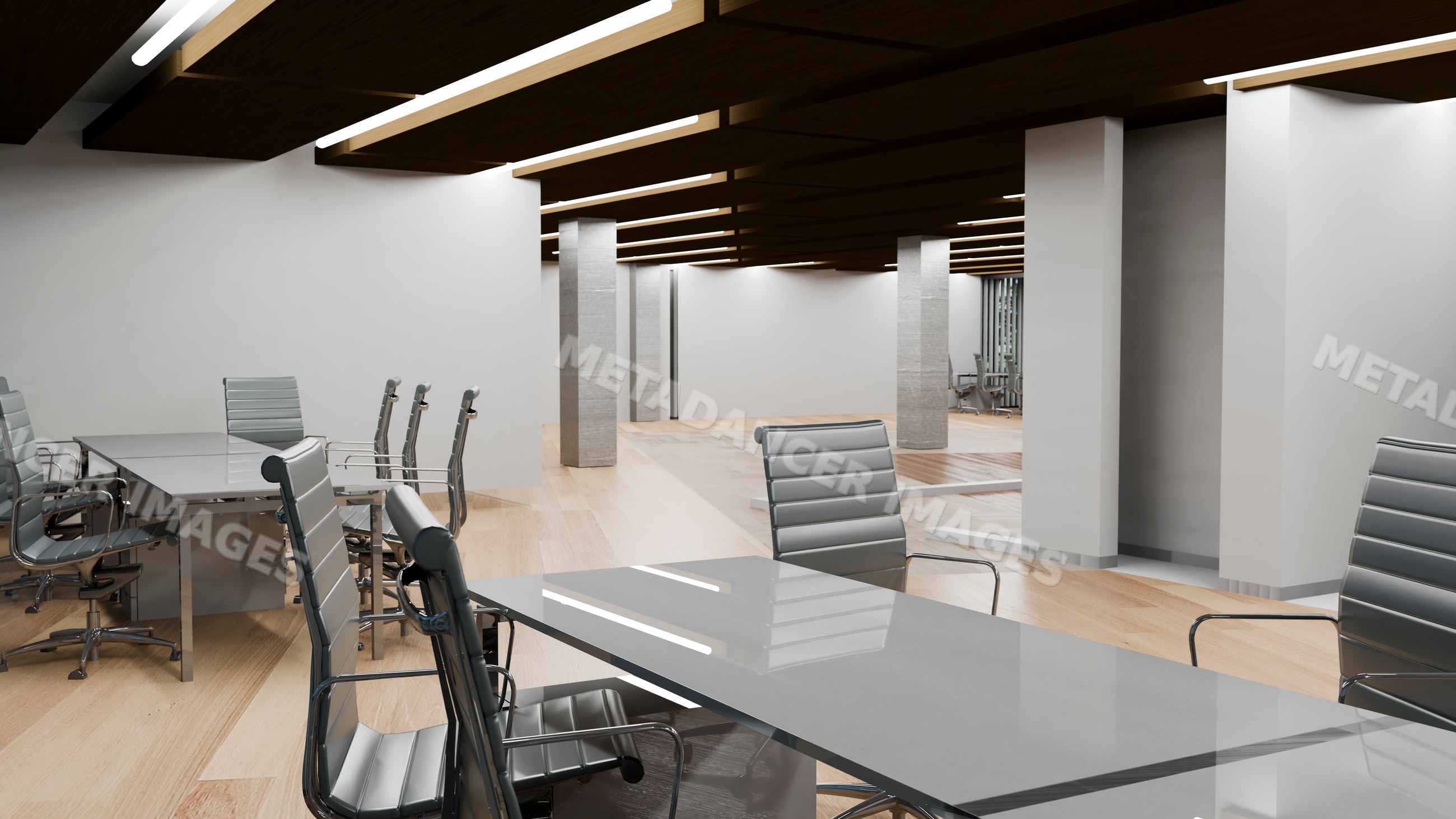 Conference room with gray chairs and glass tables in modern office