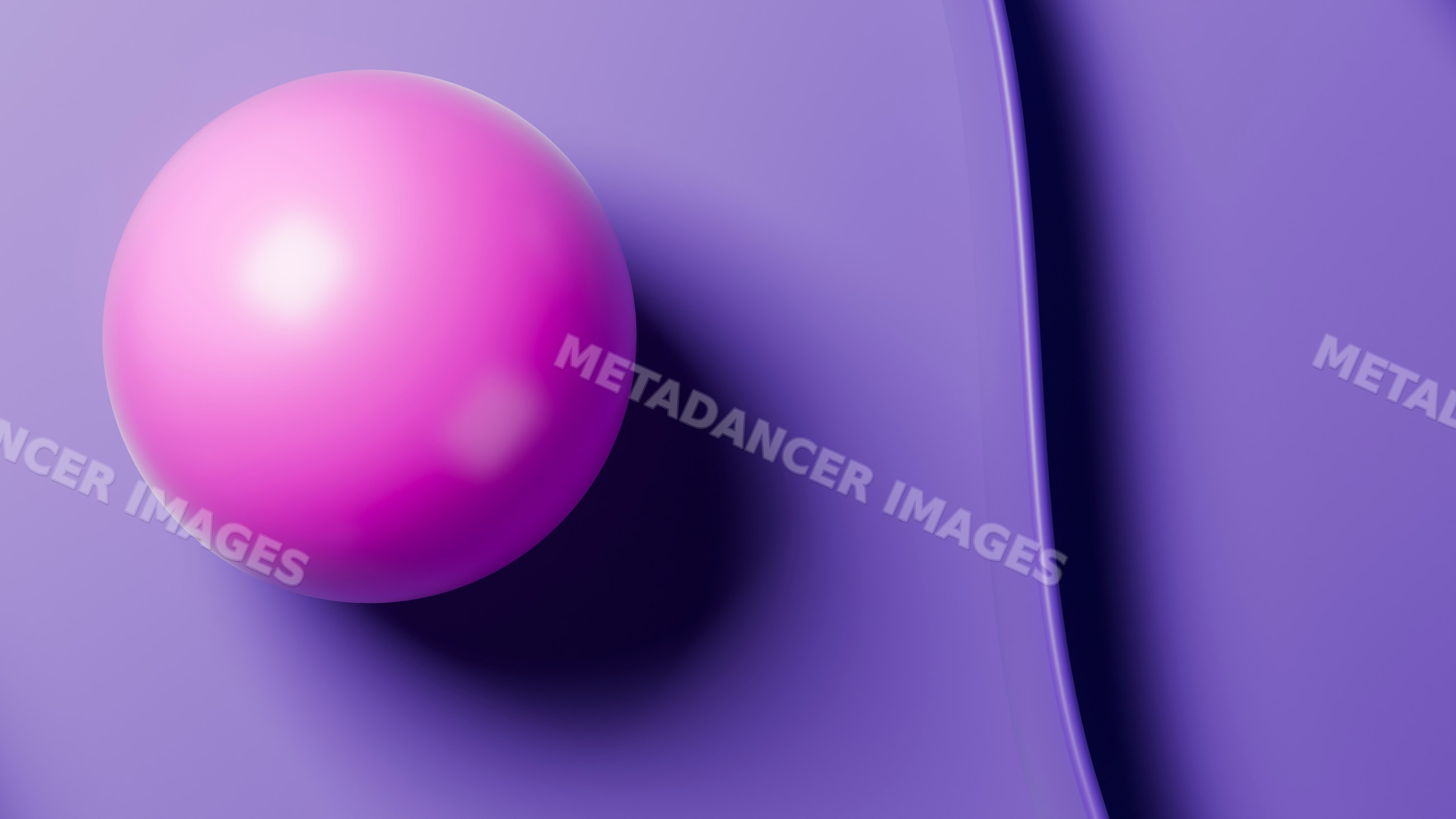 Glossy pink sphere on smooth purple surface in 3d illustration
