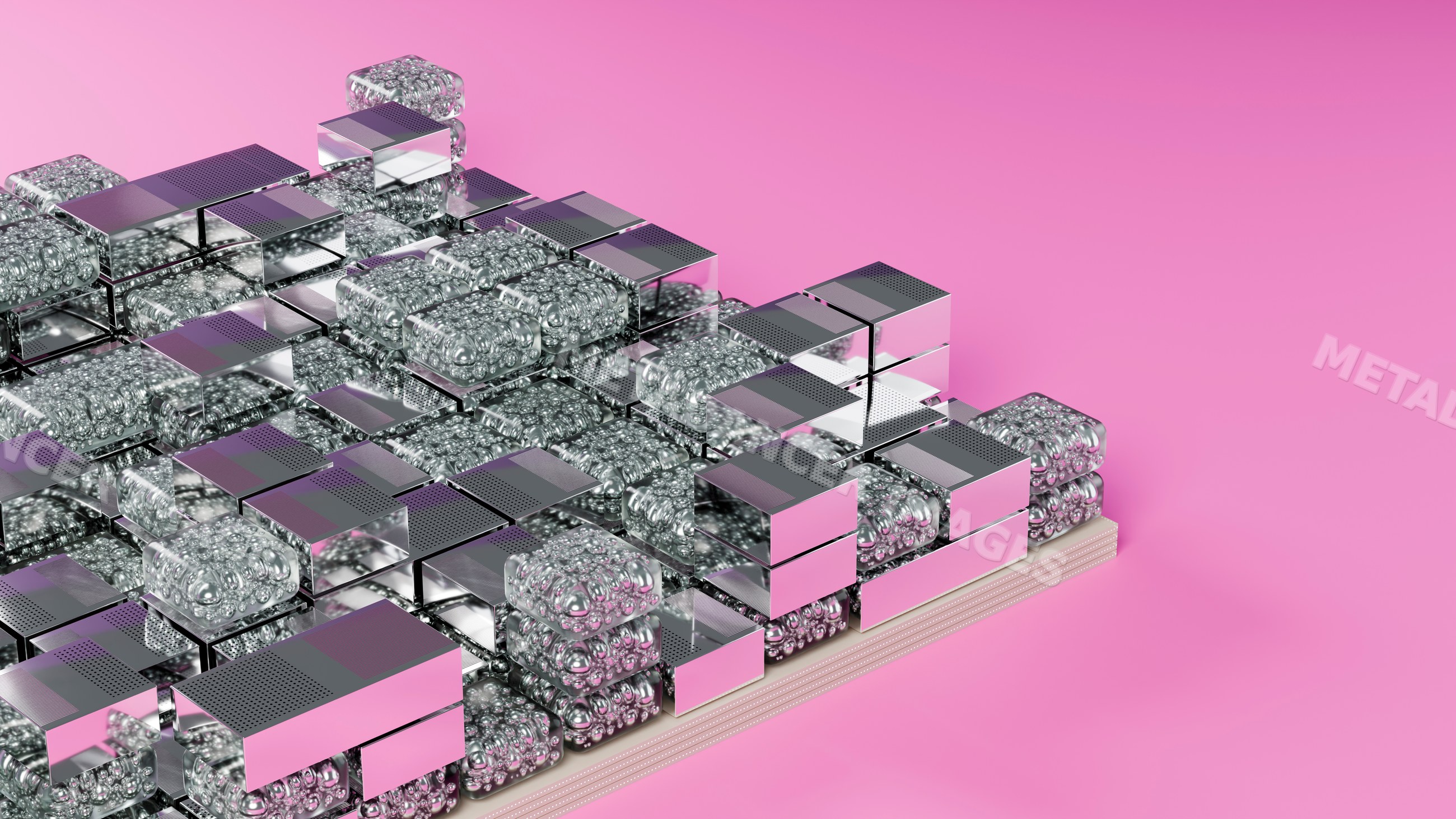 Stacked reflective metal and glass cubes on pink background