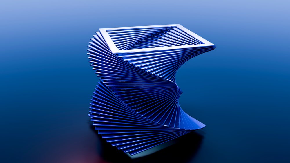Blue twisted metal sculpture with geometric abstract design