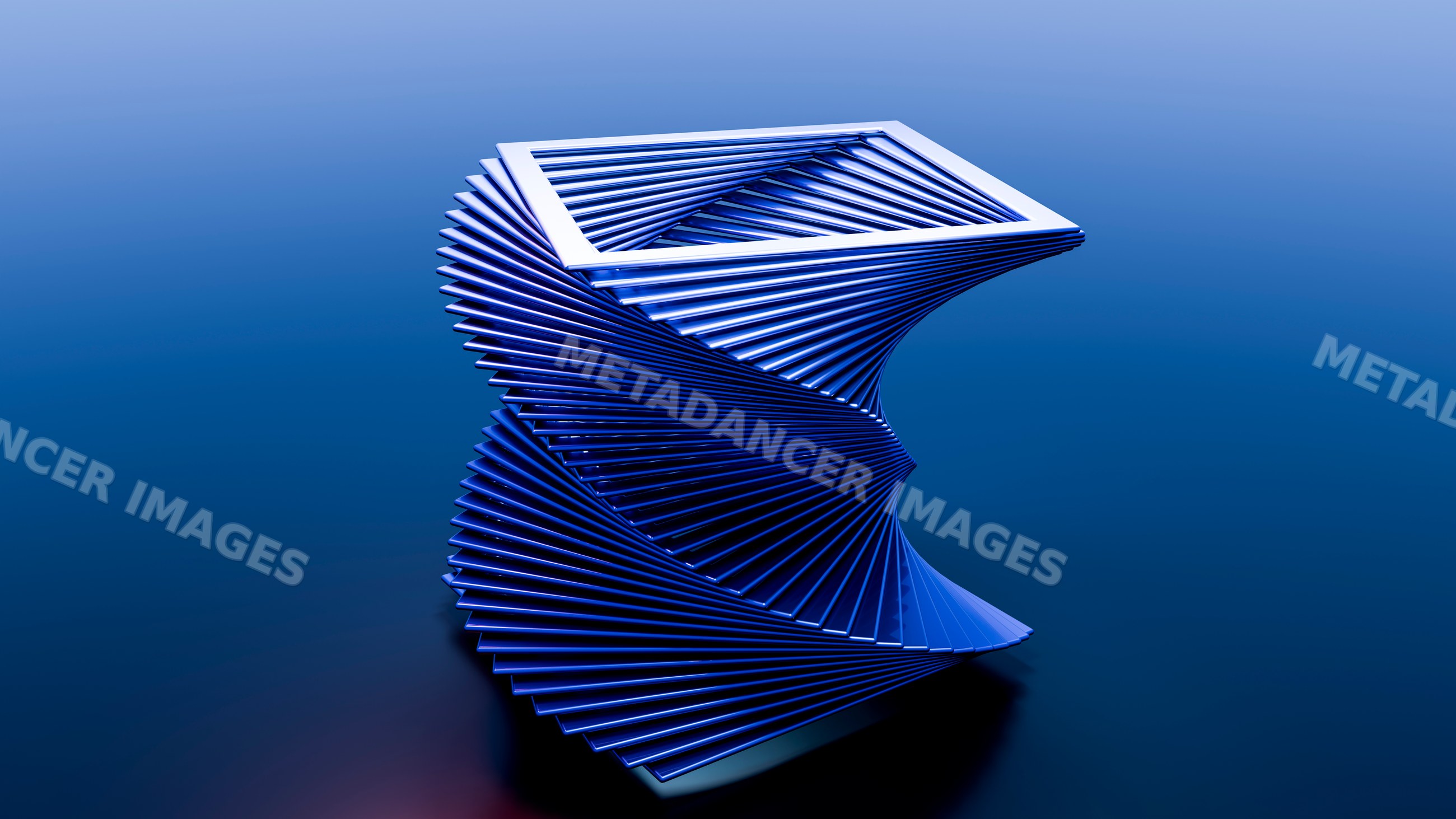 Blue twisted metal sculpture with geometric abstract design