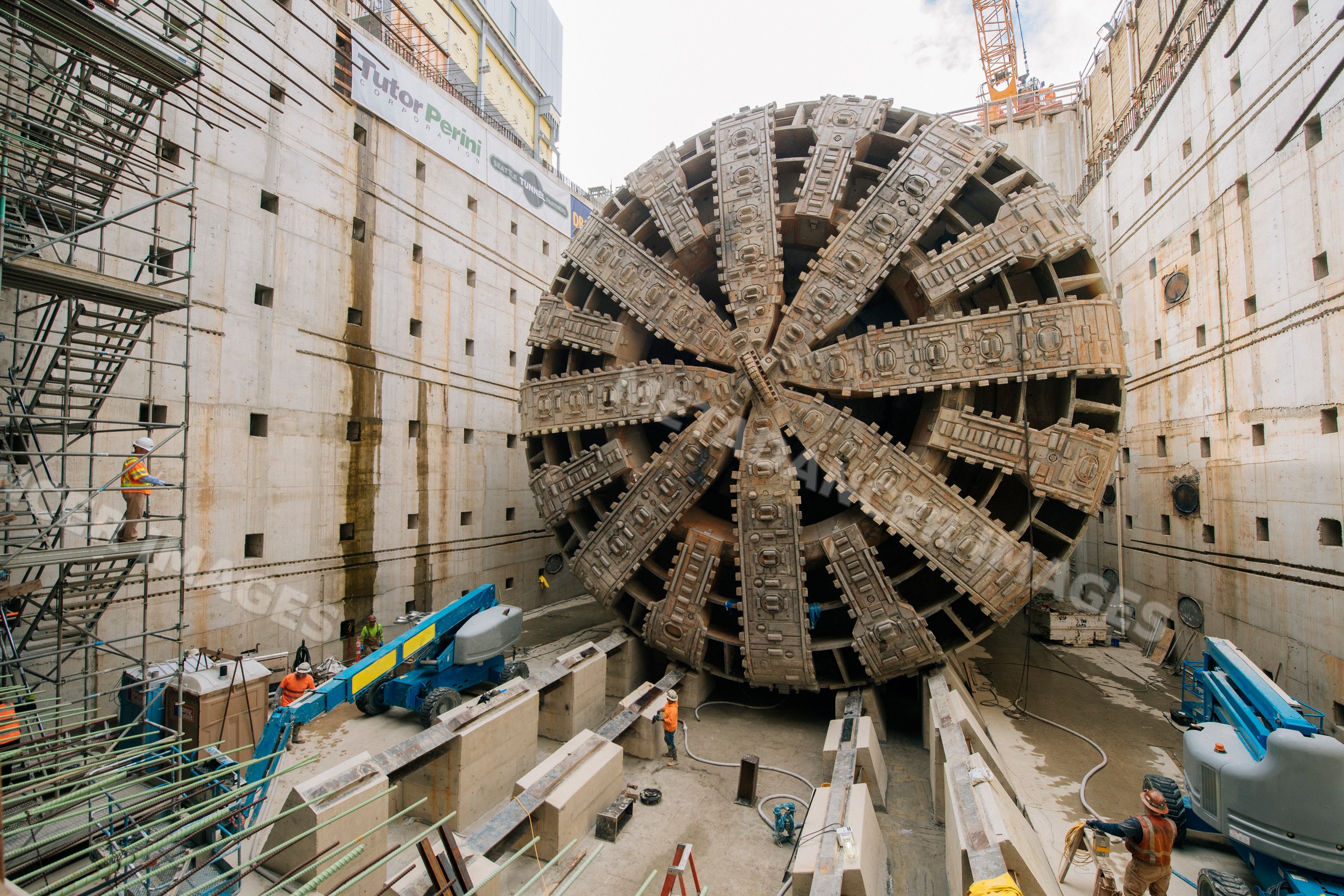 A large tunnel boring machine at a construction excavation site