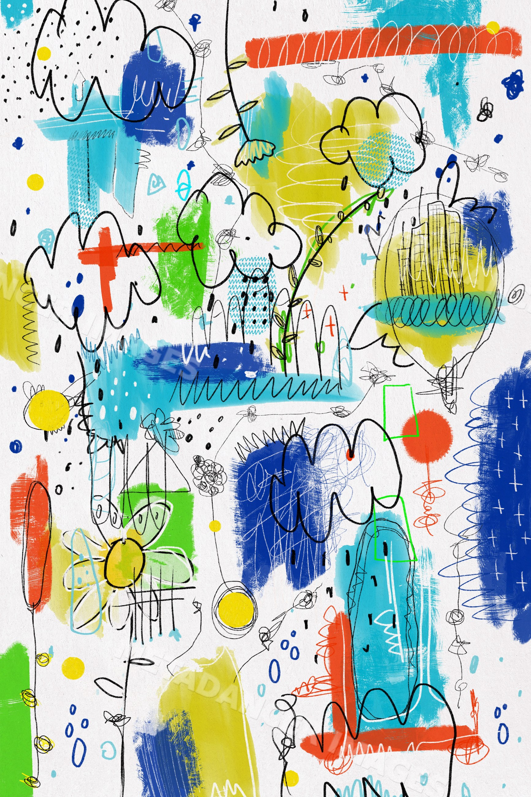 Abstract colorful illustration with flowers and scribble art