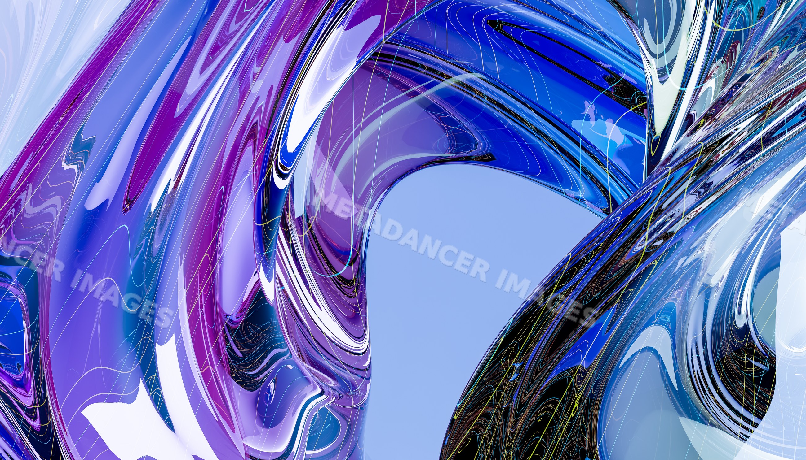 Abstract swirling blue and purple digital artwork with glossy
