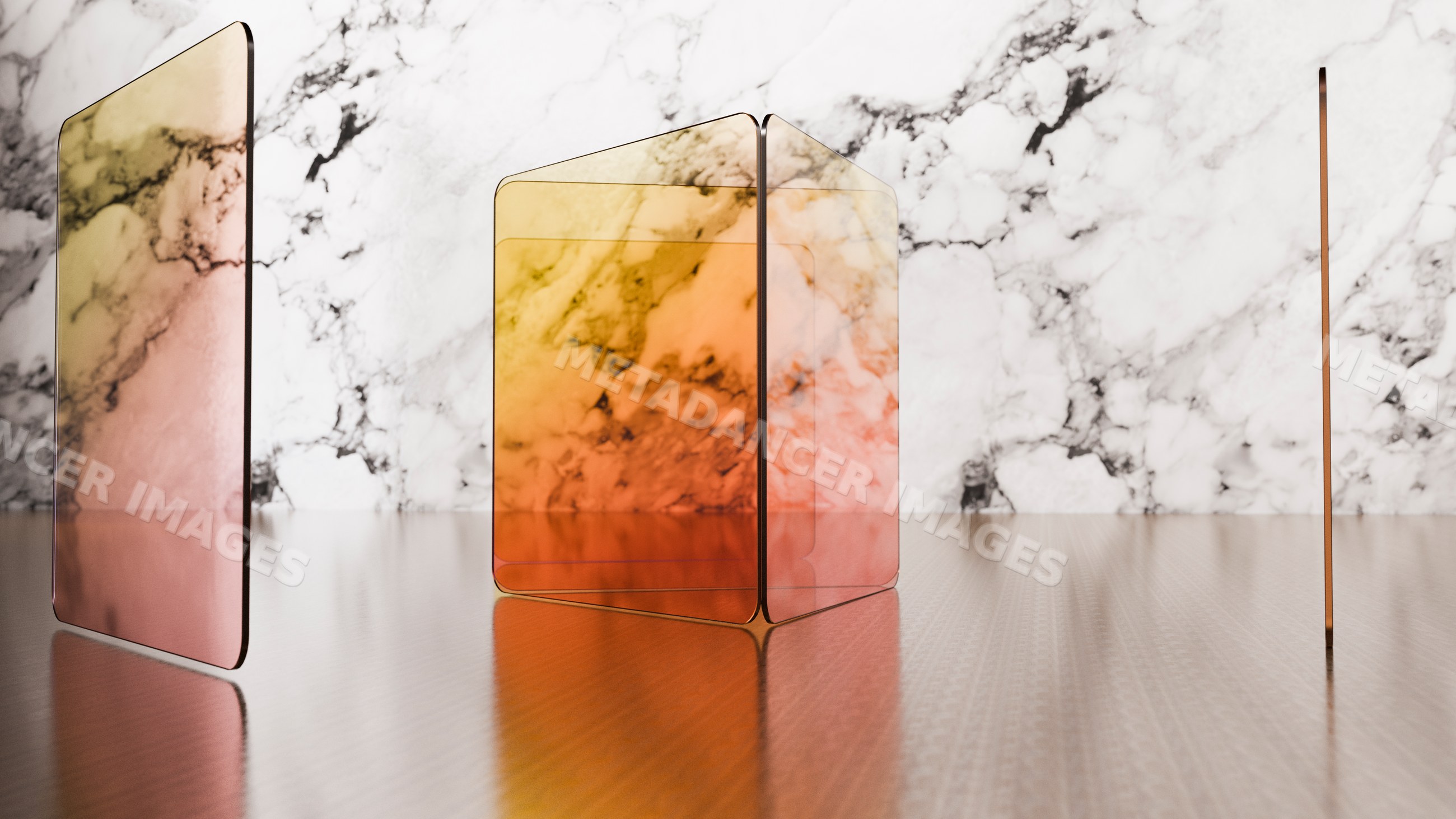 Colored transparent glass panels and cube on reflective surface