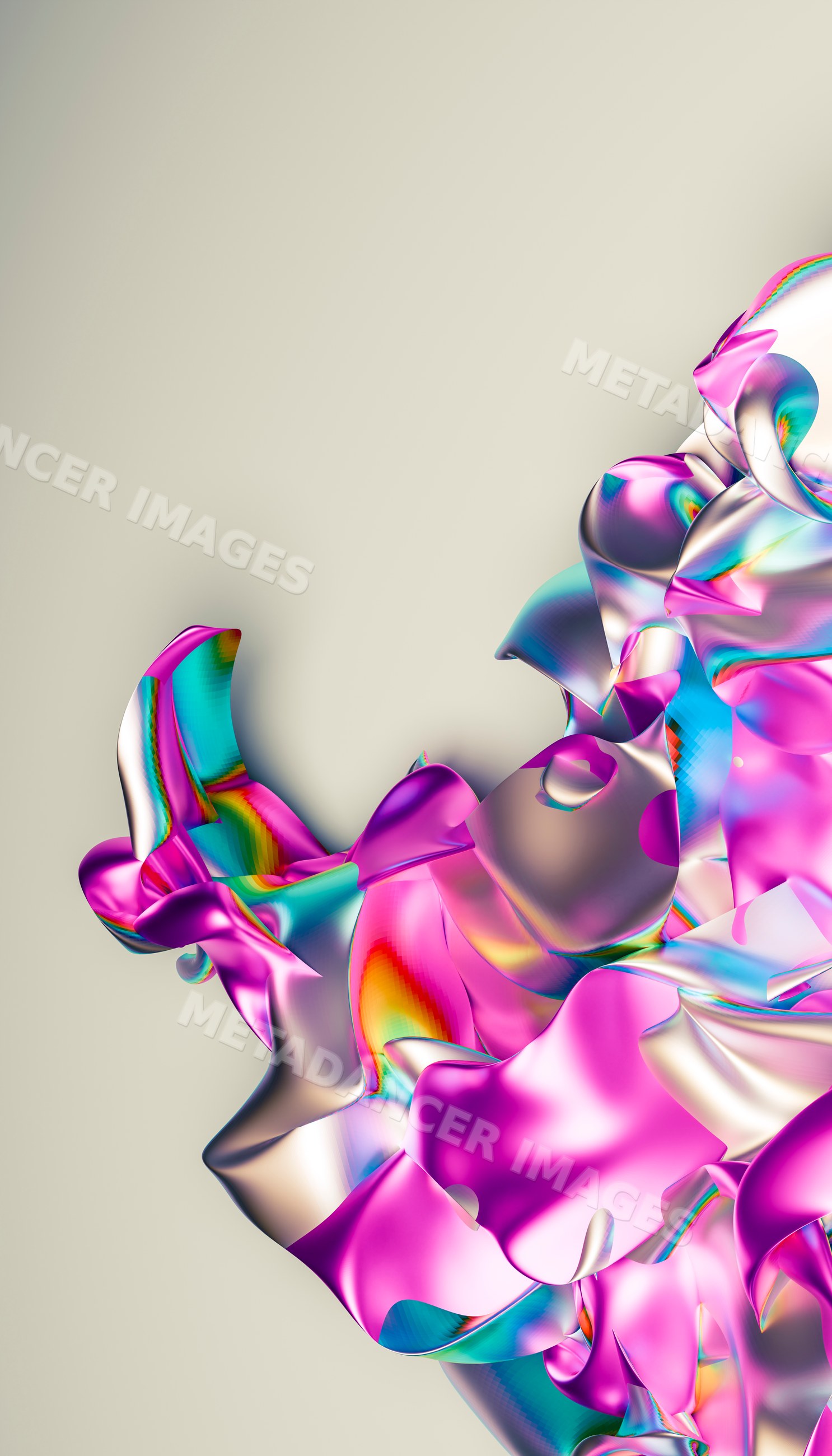 Vibrant abstract iridescent ribbons with fluid shapes on beige