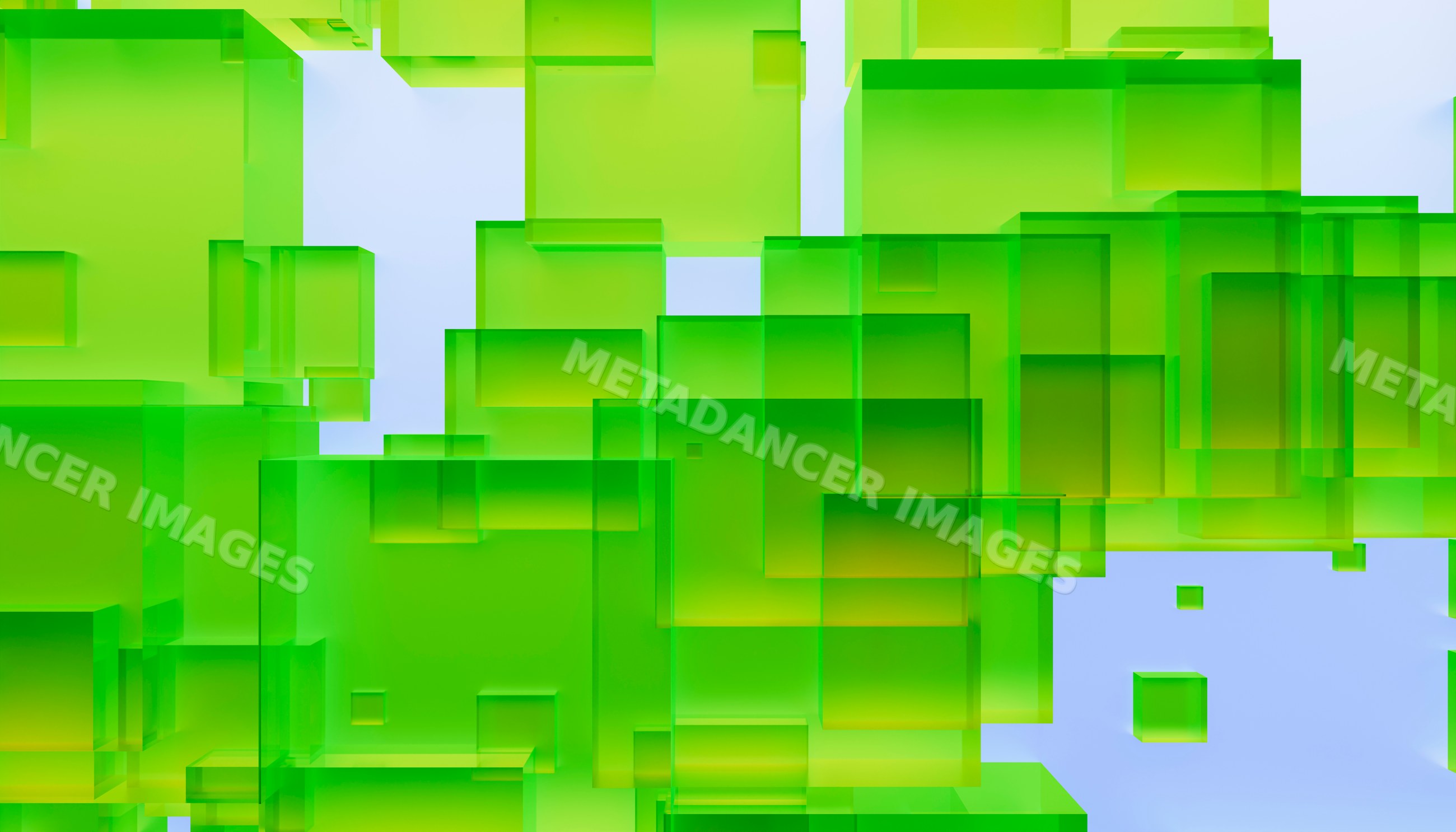 Three-dimensional green transparent cubes floating in abstract design