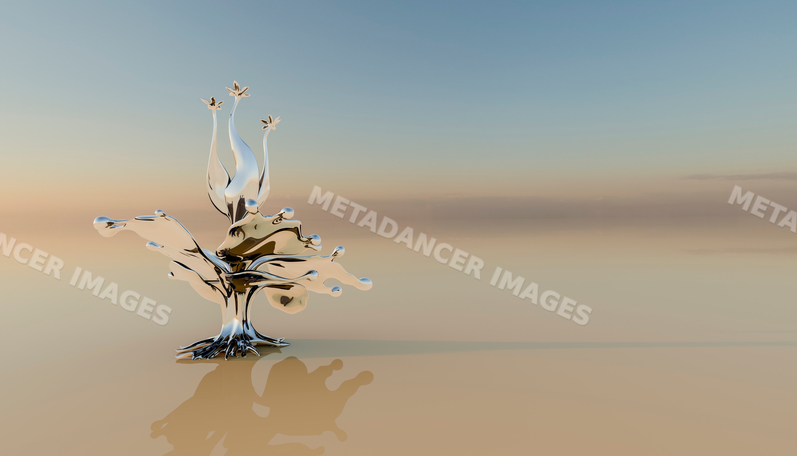 A metallic liquid splash forms an abstract sculpture on a smooth