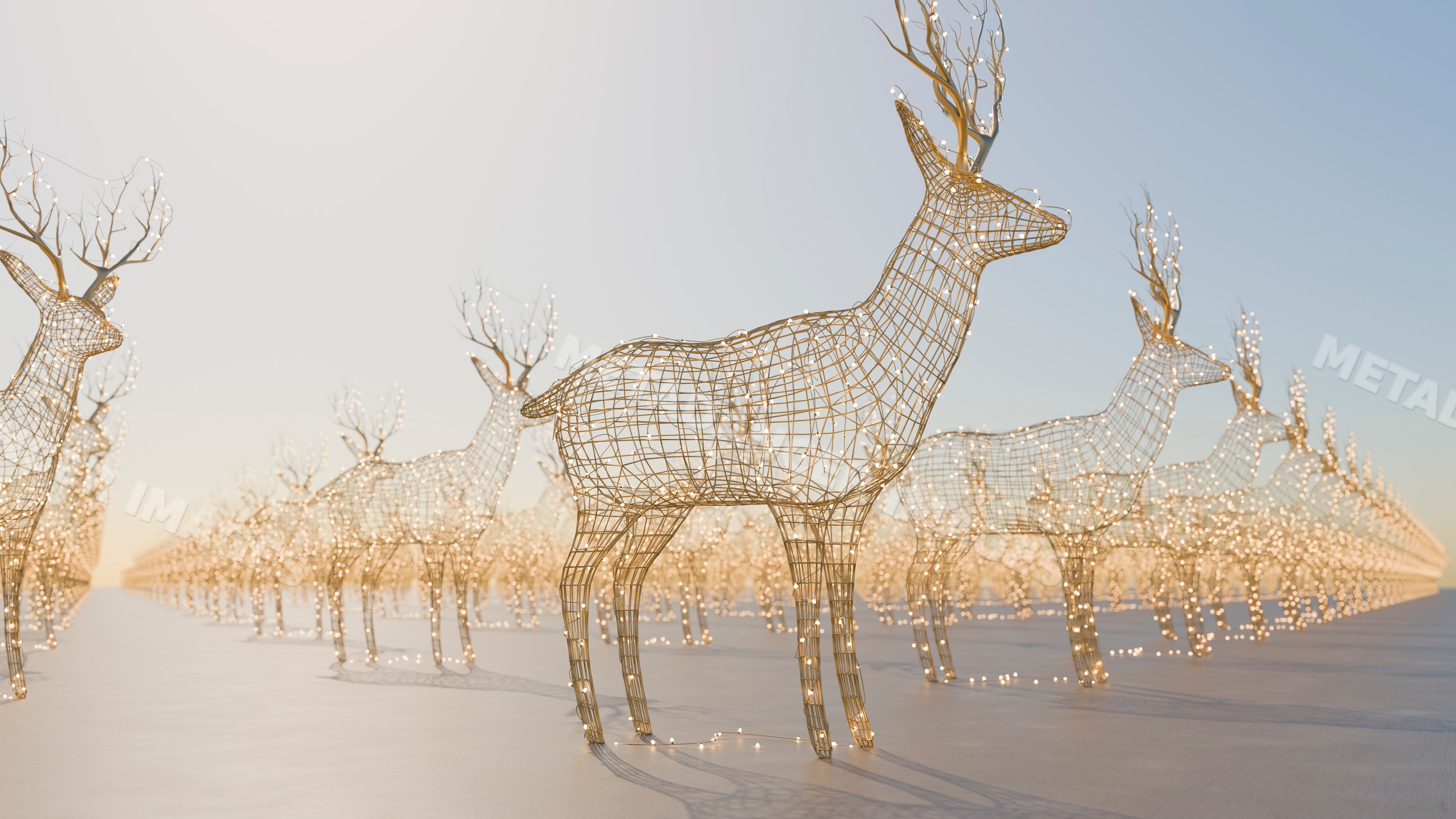 Wireframe reindeer sculptures decorated with string lights in rows