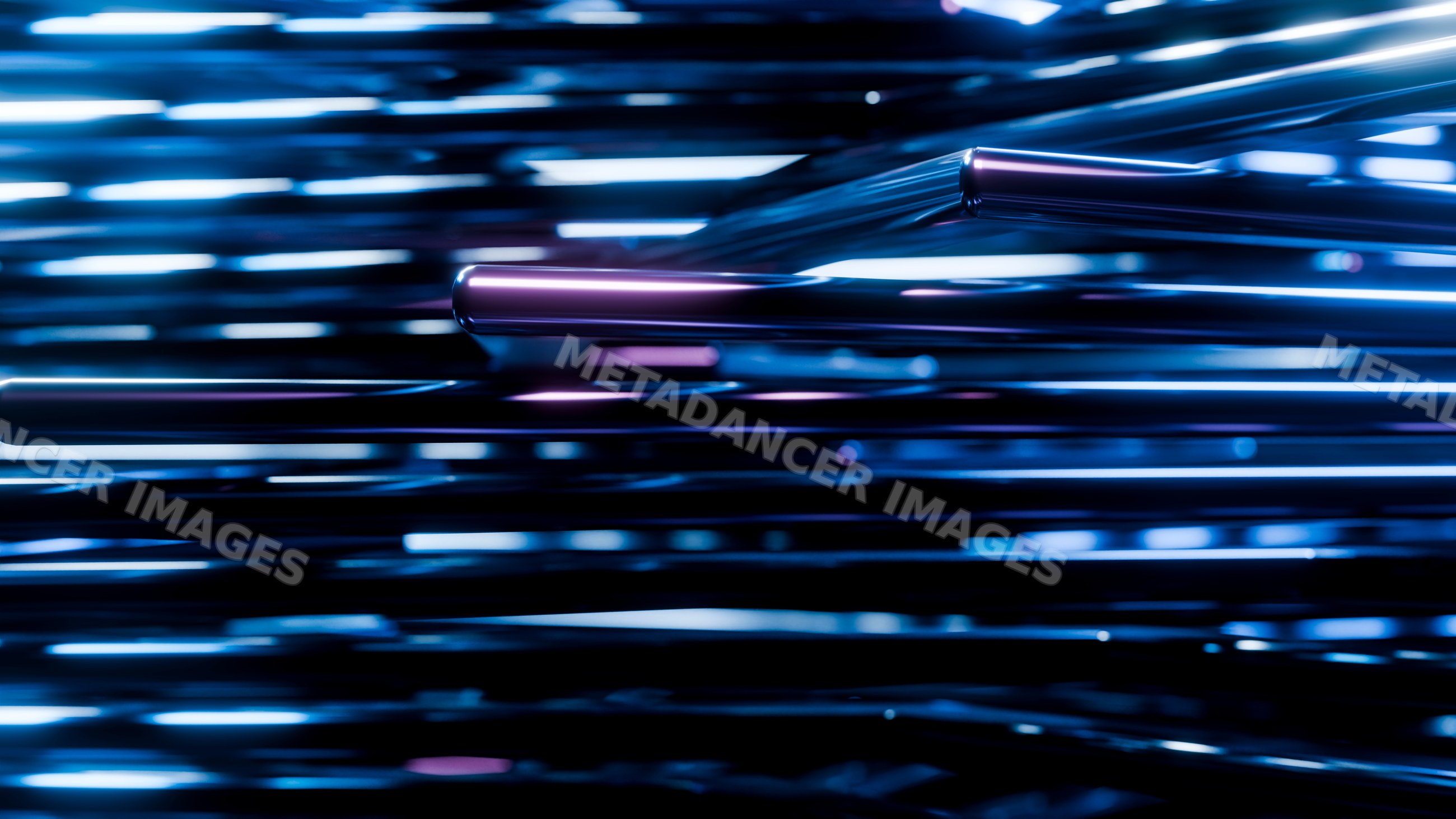 Abstract glossy metal rods with blue and purple reflections
