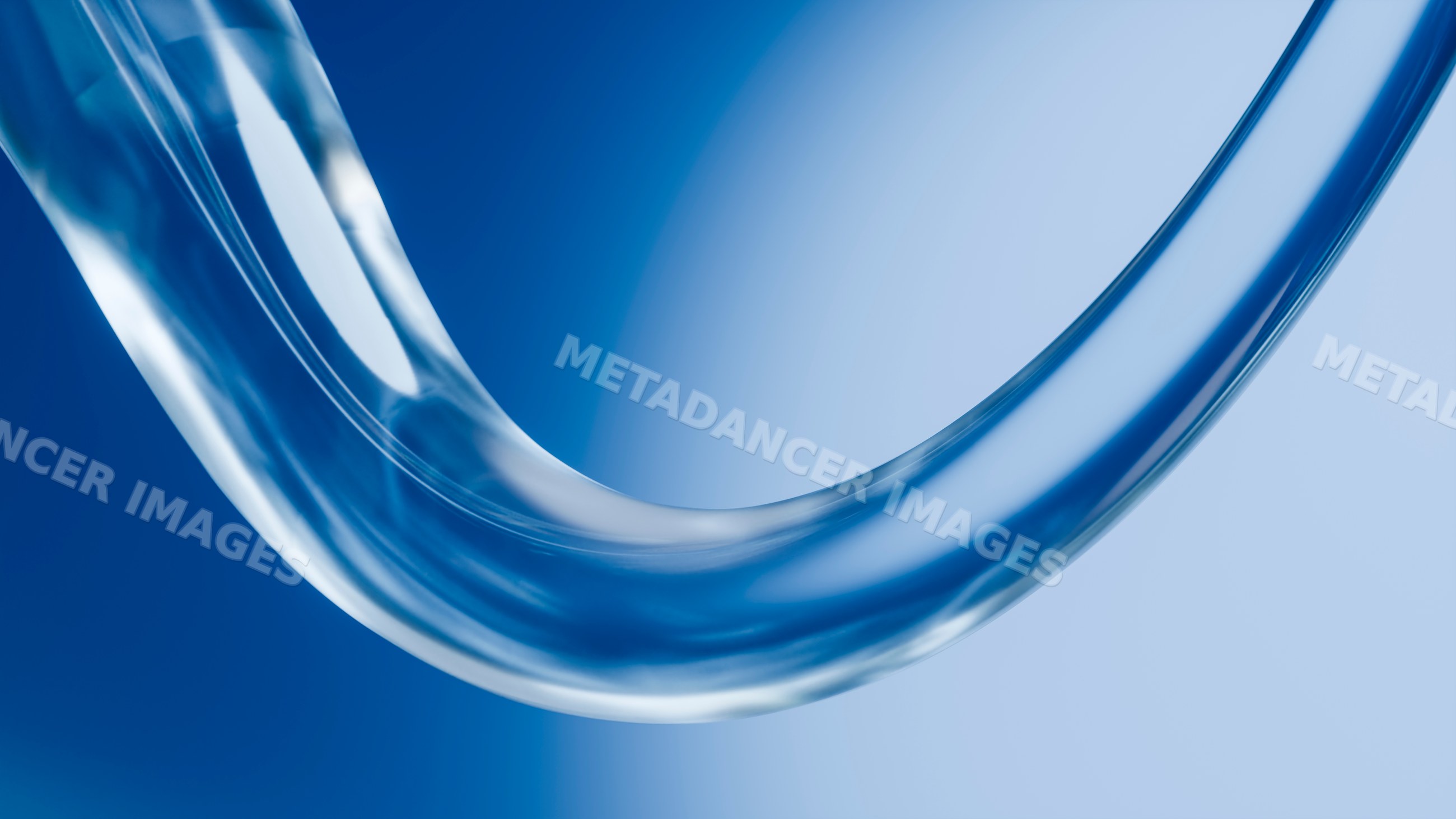 Curved transparent tube forming elegant fluid shape on blue background