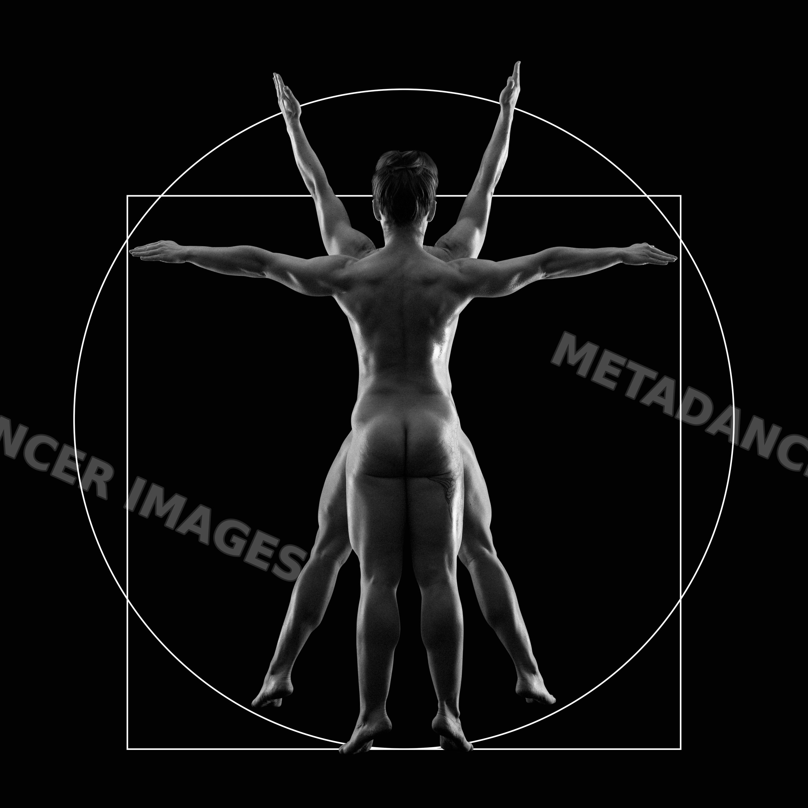 Nude women performing partner acrobatics for Vitruvian Man