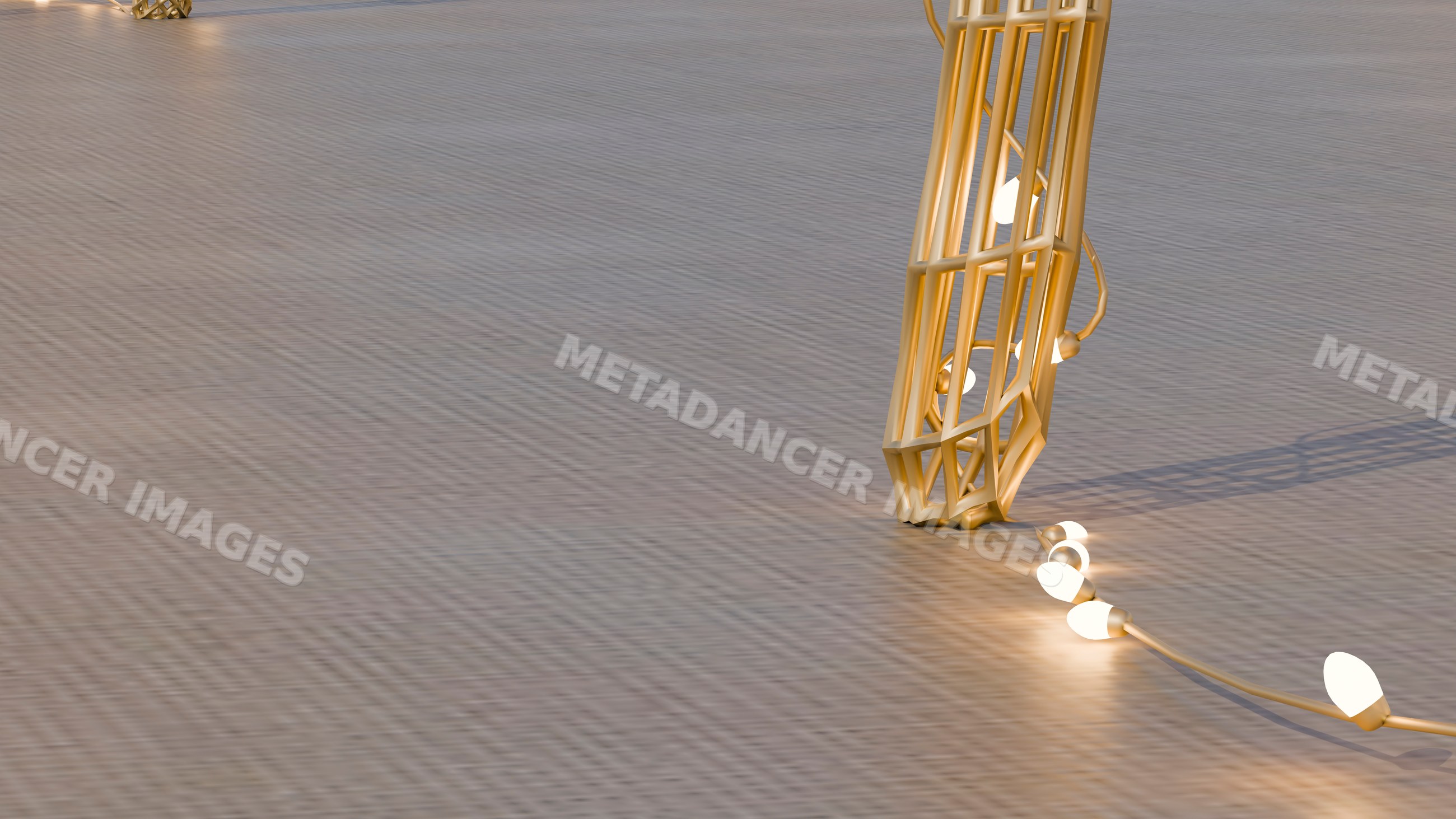 String of glowing bulbs with golden wire cage lampshades on floor