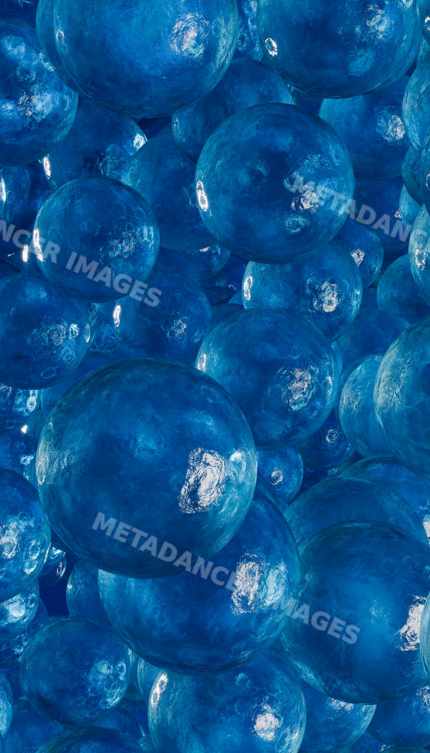 Rendering of glossy blue spheres clustered in an abstract illustration