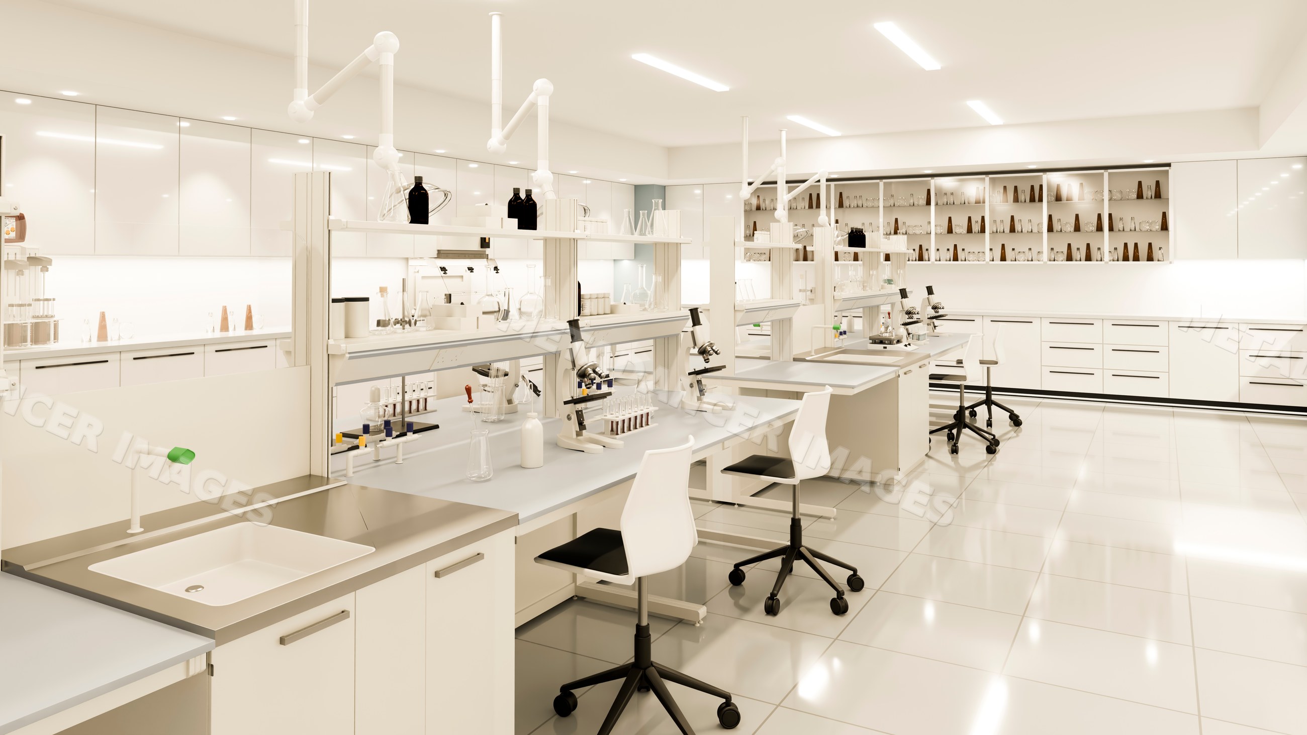 Modern laboratory interior with microscopes and scientific equipment