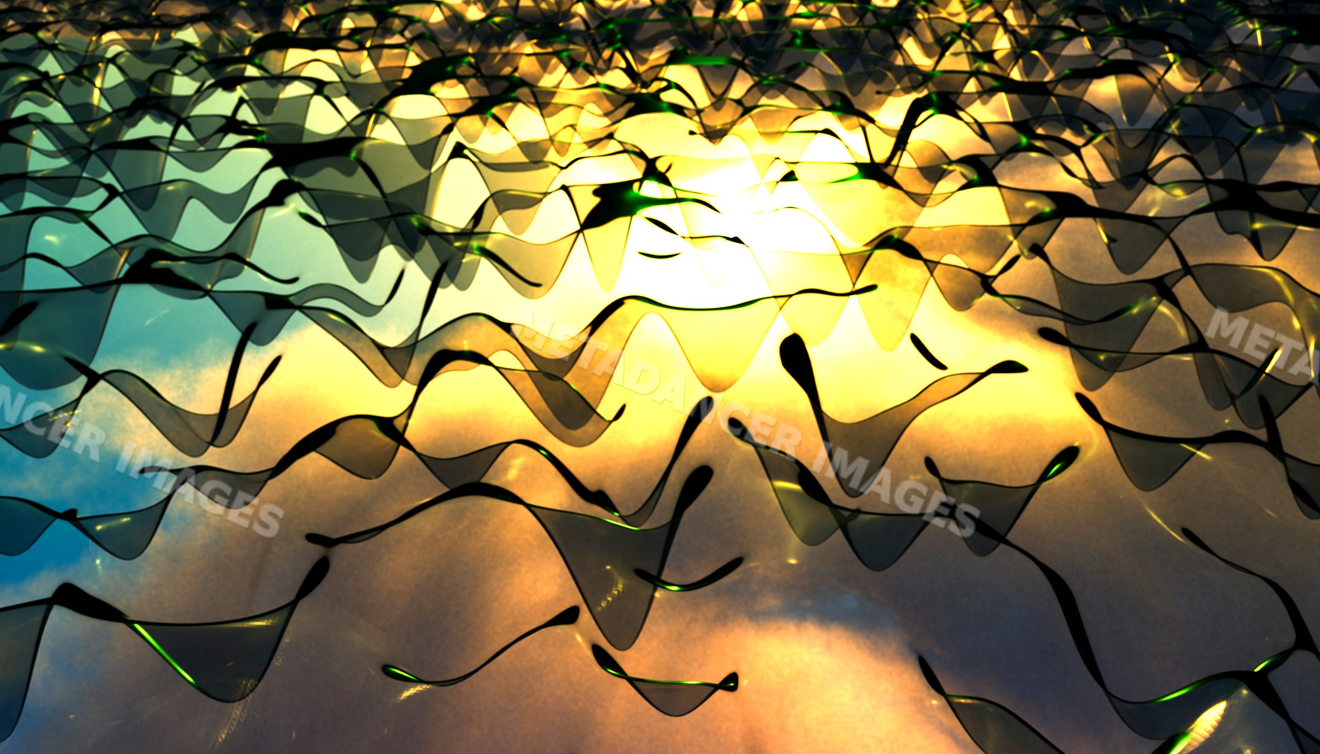 Abstract fluid translucent waves illuminated by golden light