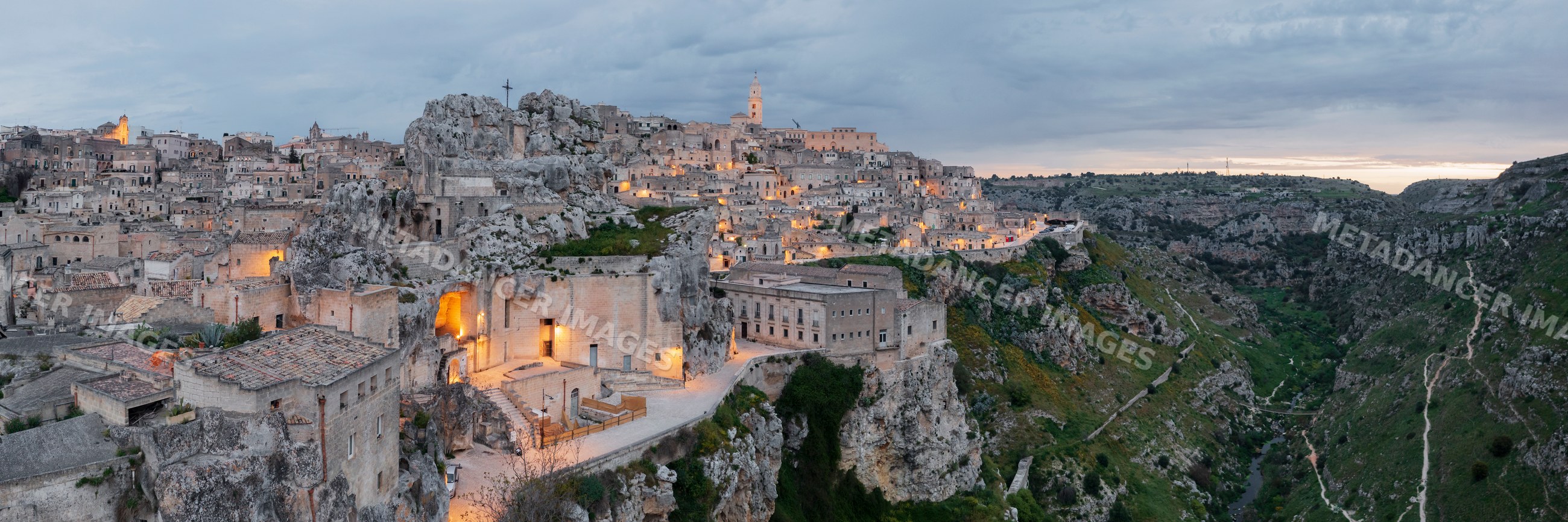 Elevated view of Sasso Caveoso and Gravina River gorge at Dawn