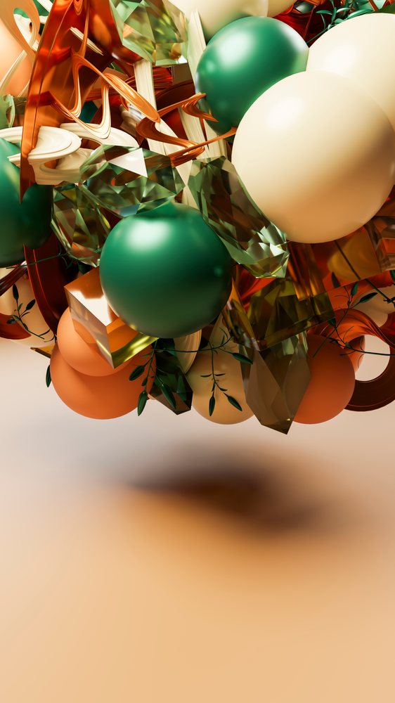 Floating abstract composition of colorful spheres and geometric shapes