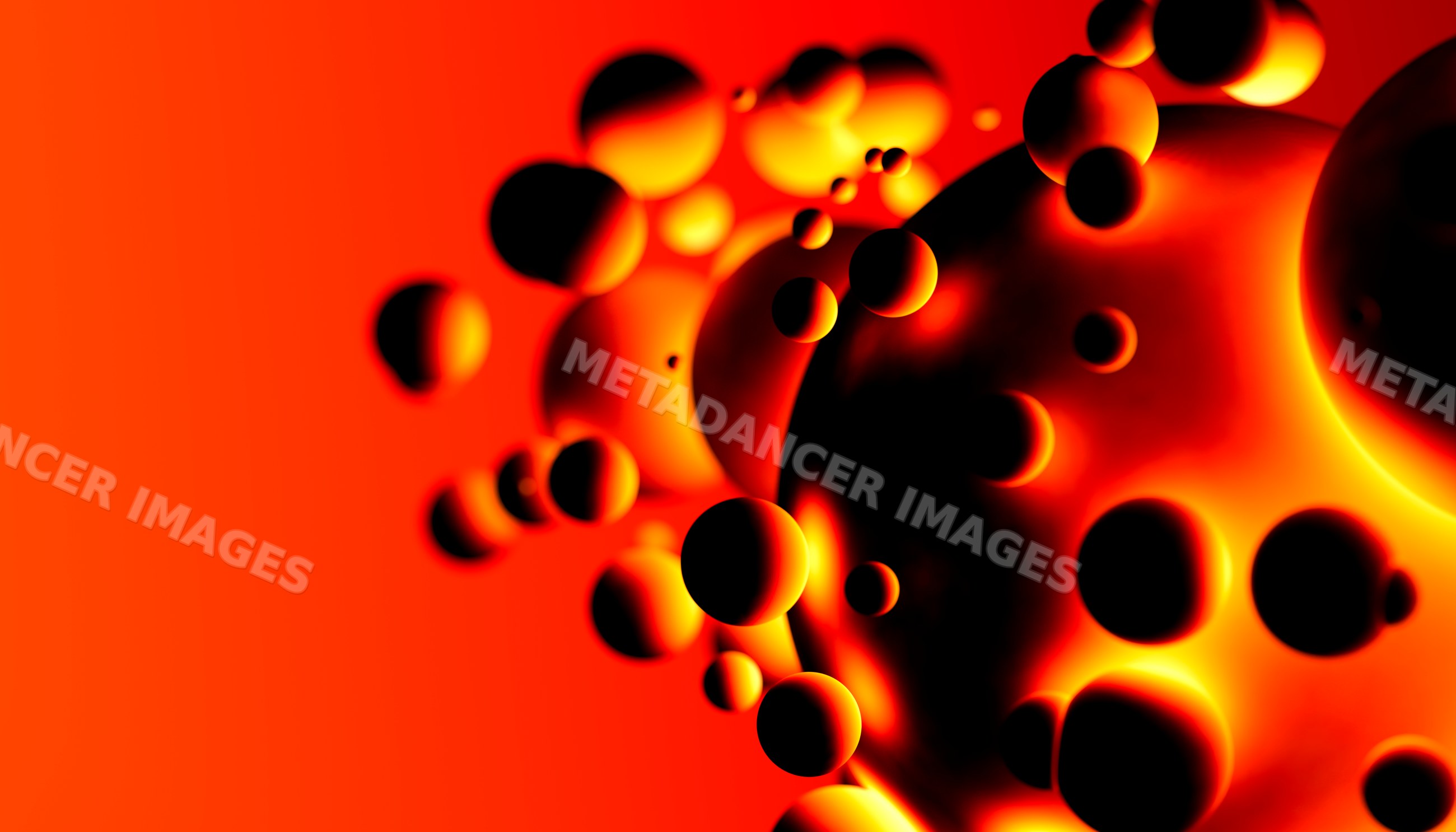 Close-up view of glowing floating spheres on a bright orange