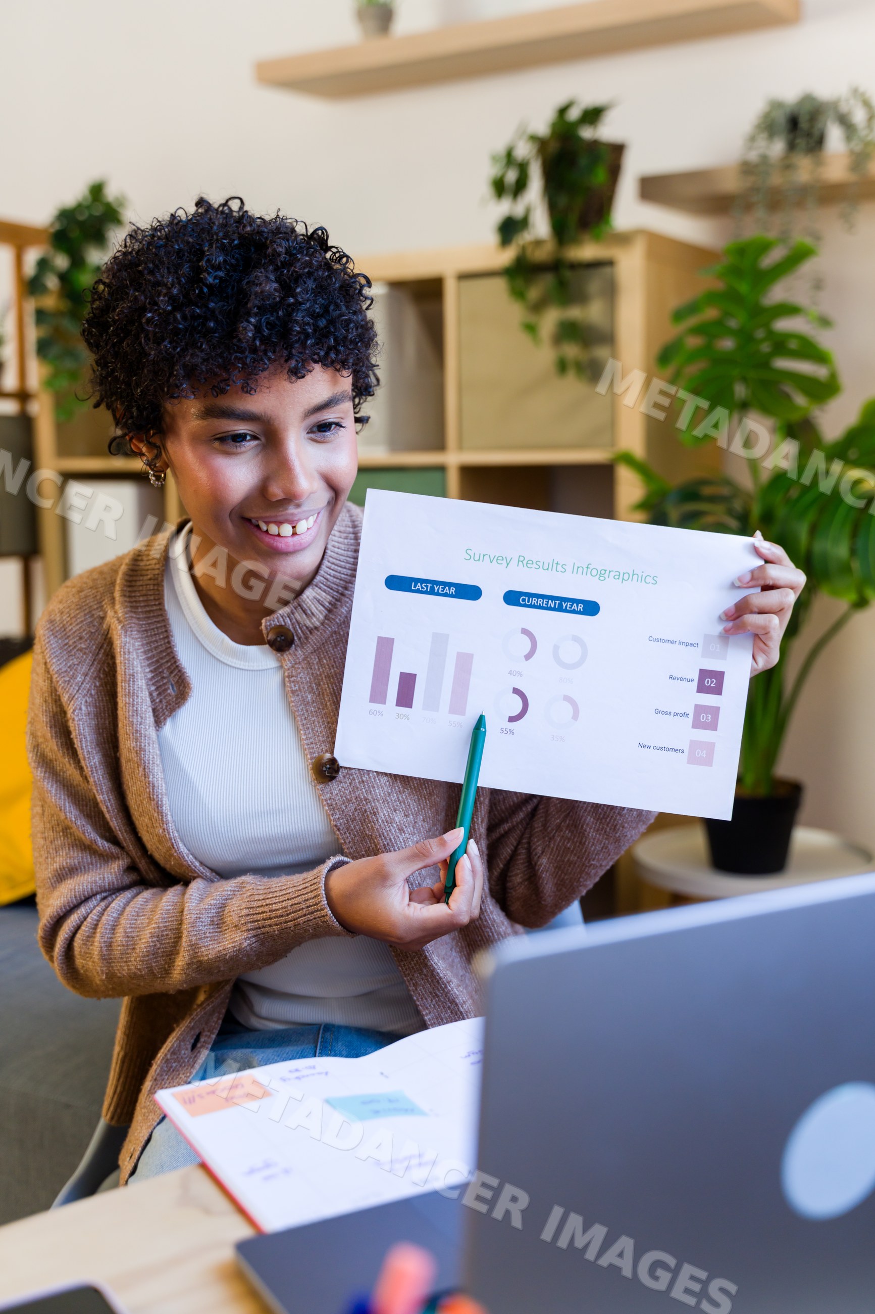 African American woman presenting survey results infographic