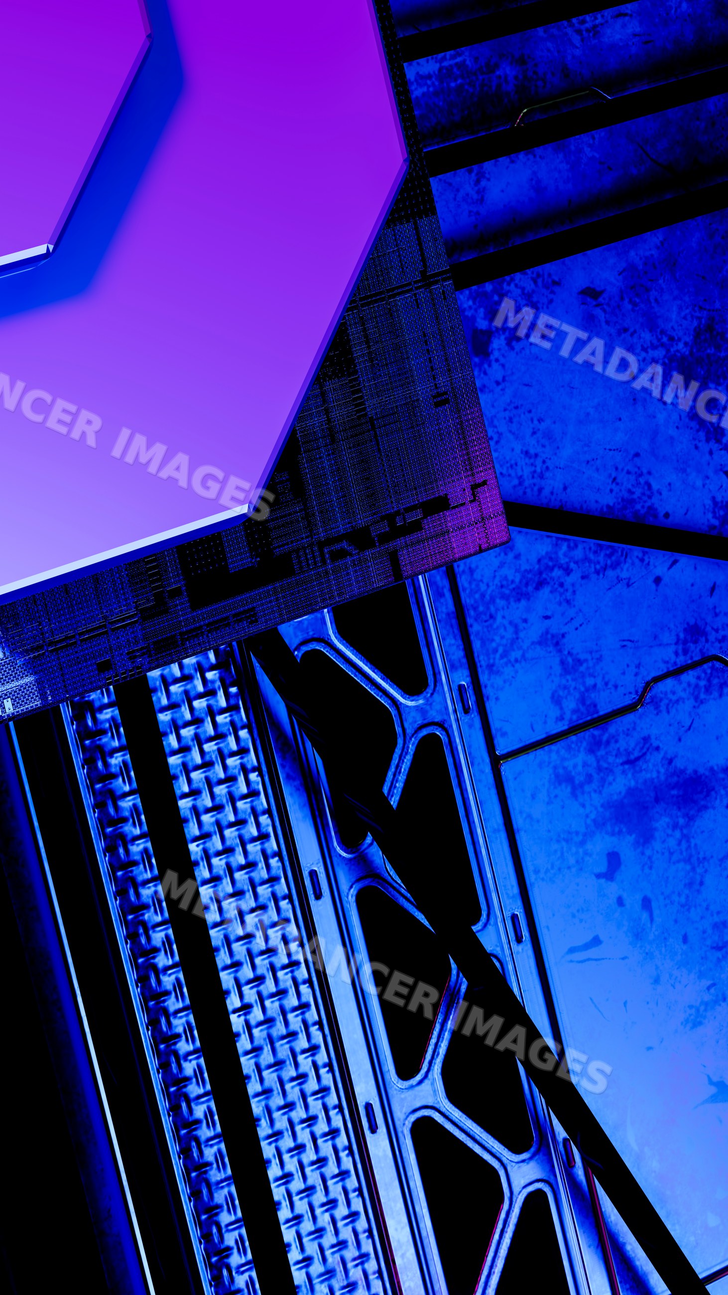Abstract blue and purple geometric metal shapes with industrial