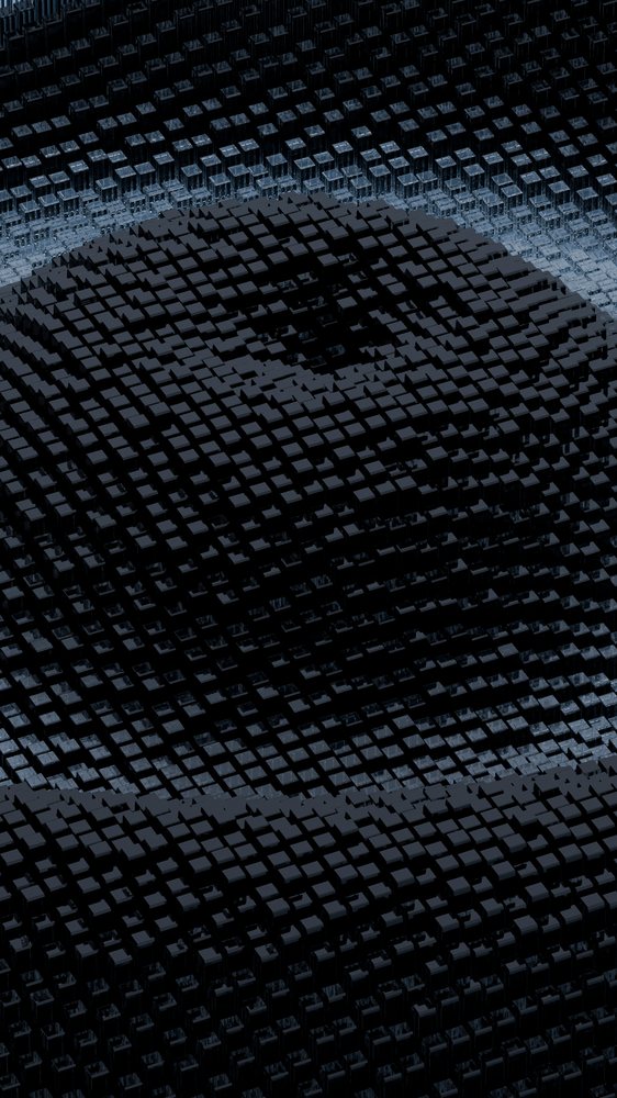 Digital abstract art with layered black cubes in wave pattern