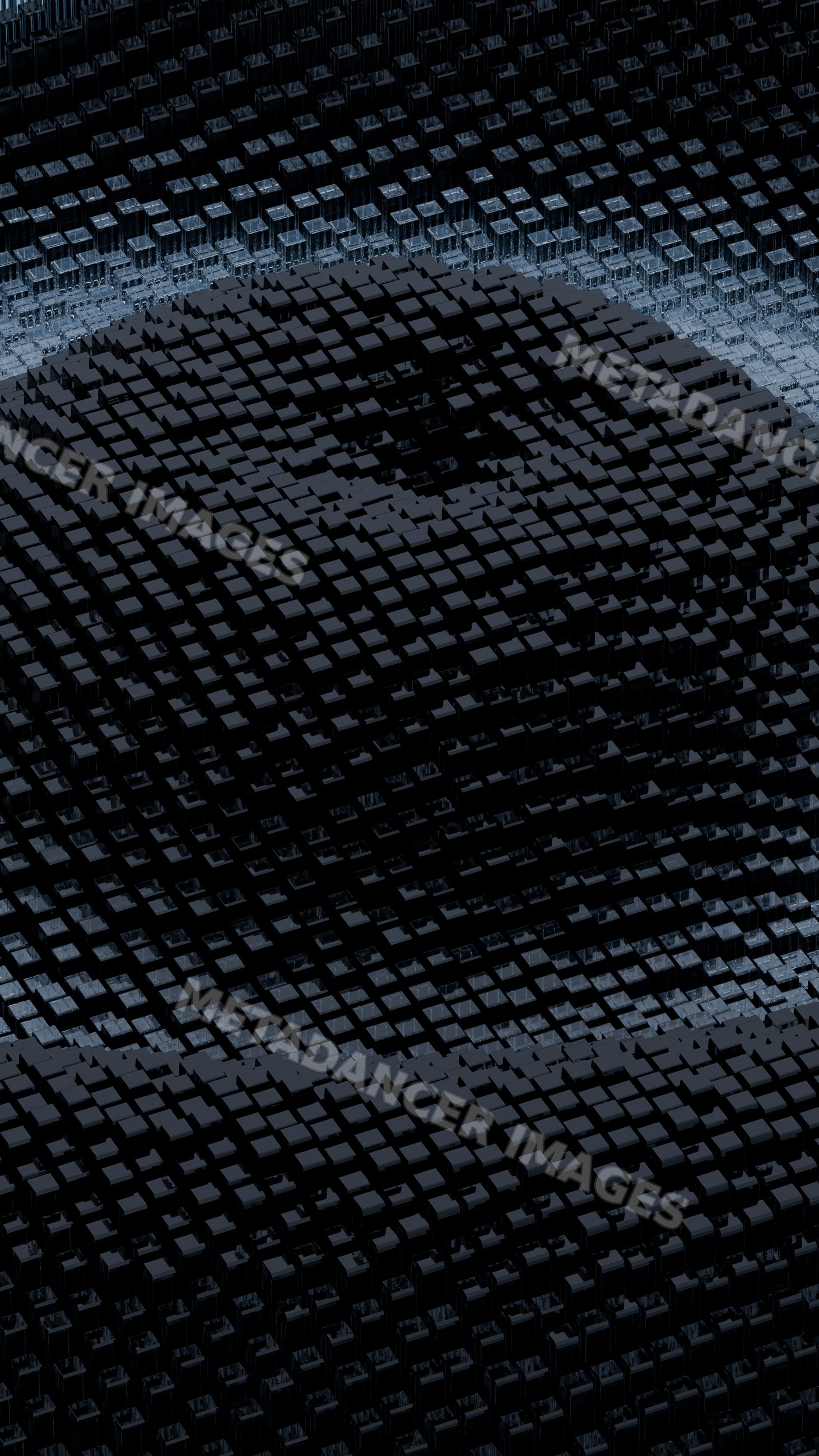 Digital abstract art with layered black cubes in wave pattern