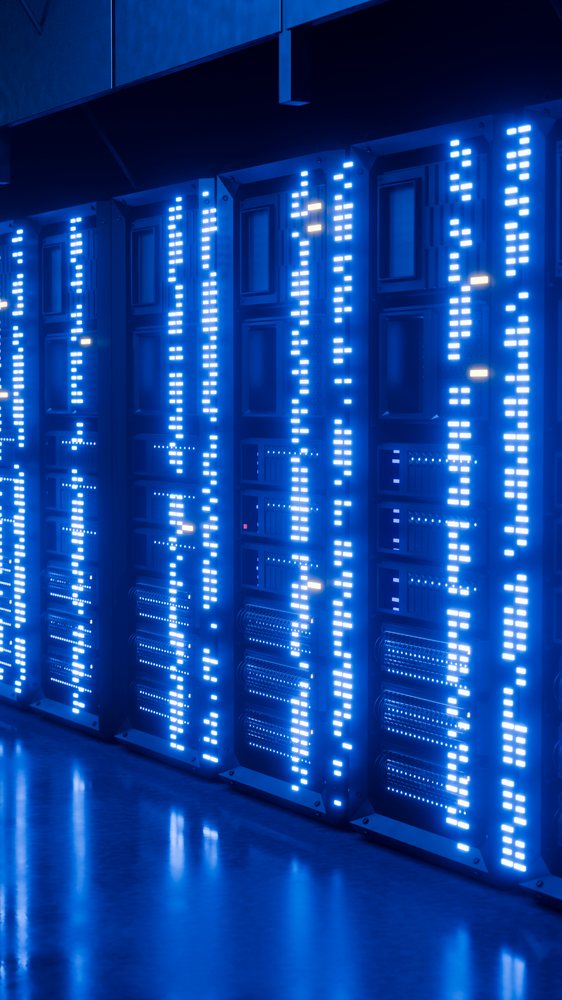 Server racks with led lights in data center environment
