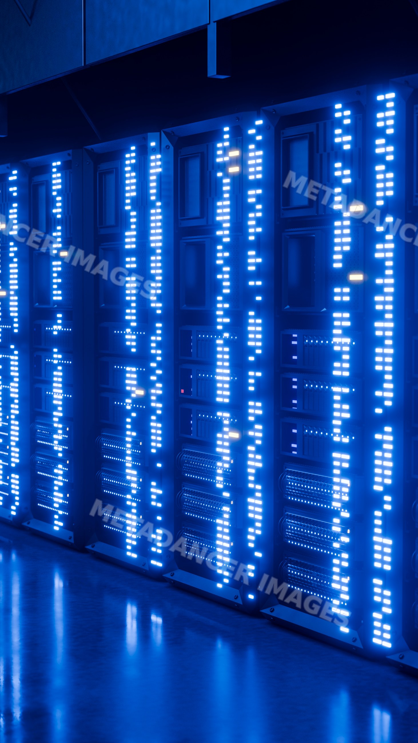 Server racks with led lights in data center environment
