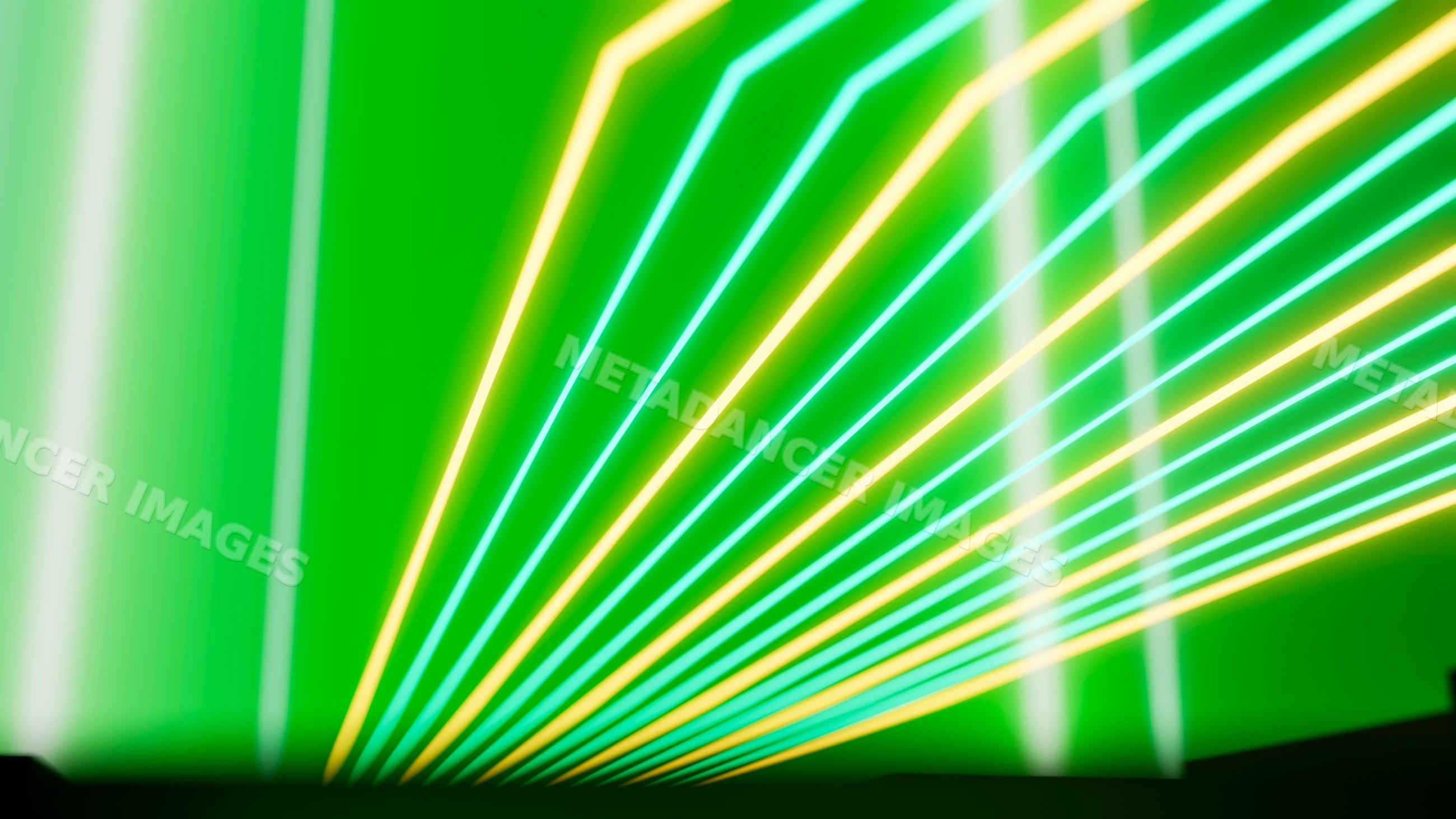 Abstract green background with neon yellow and blue light beams
