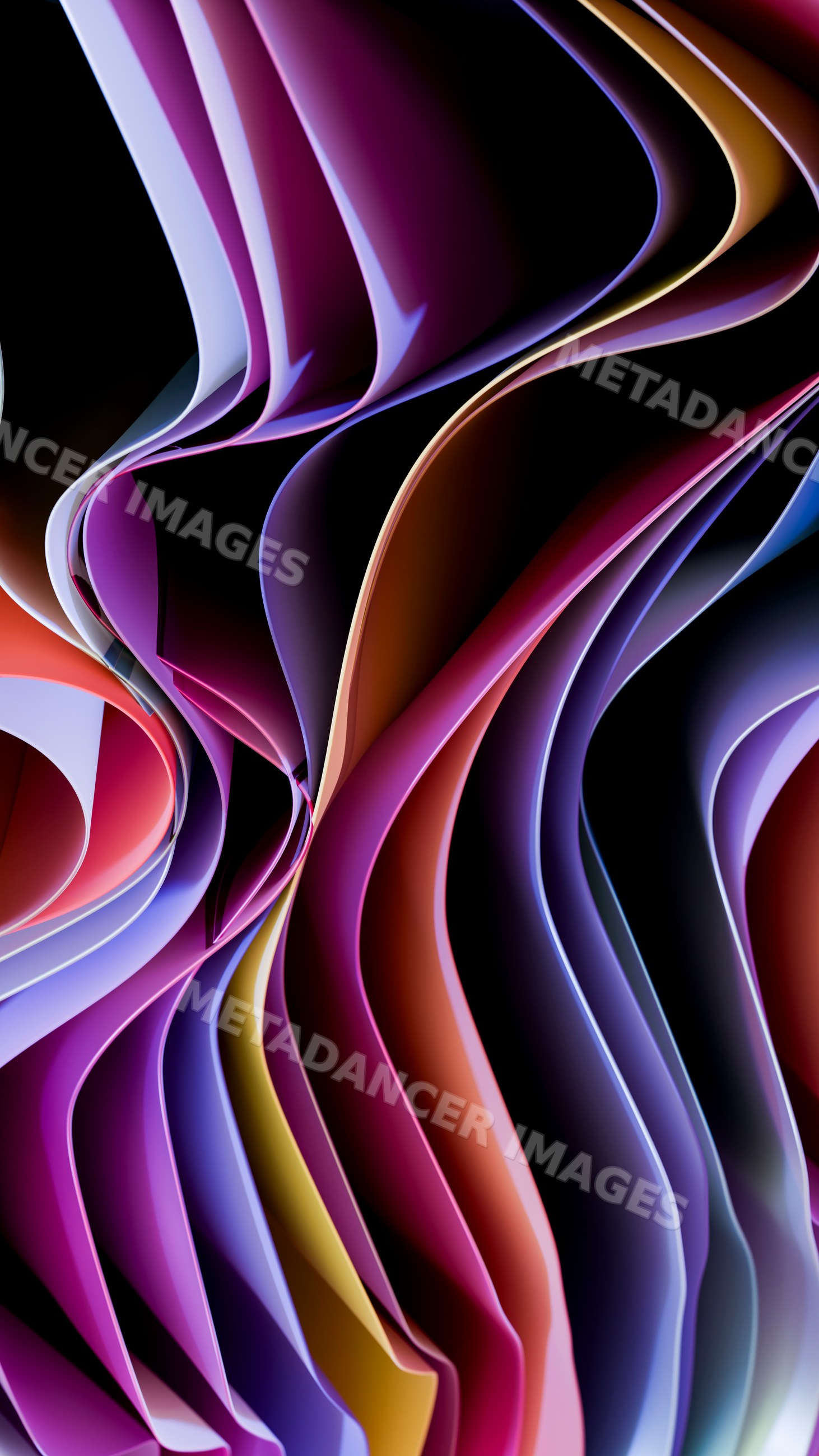 Colorful folded paper sheets arranged in abstract curved waves