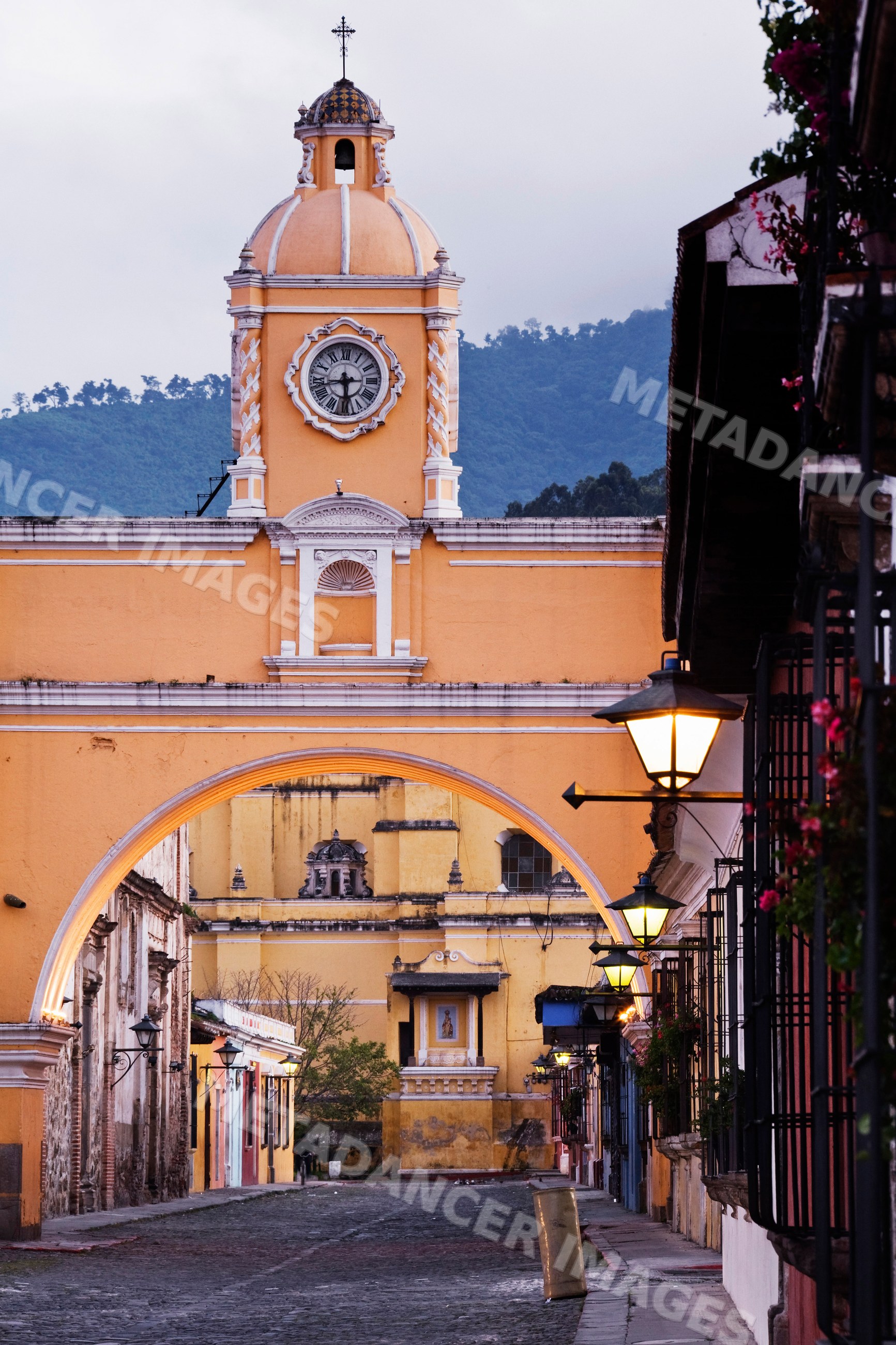 Santa catarina arch clock tower and street scene guatemala
