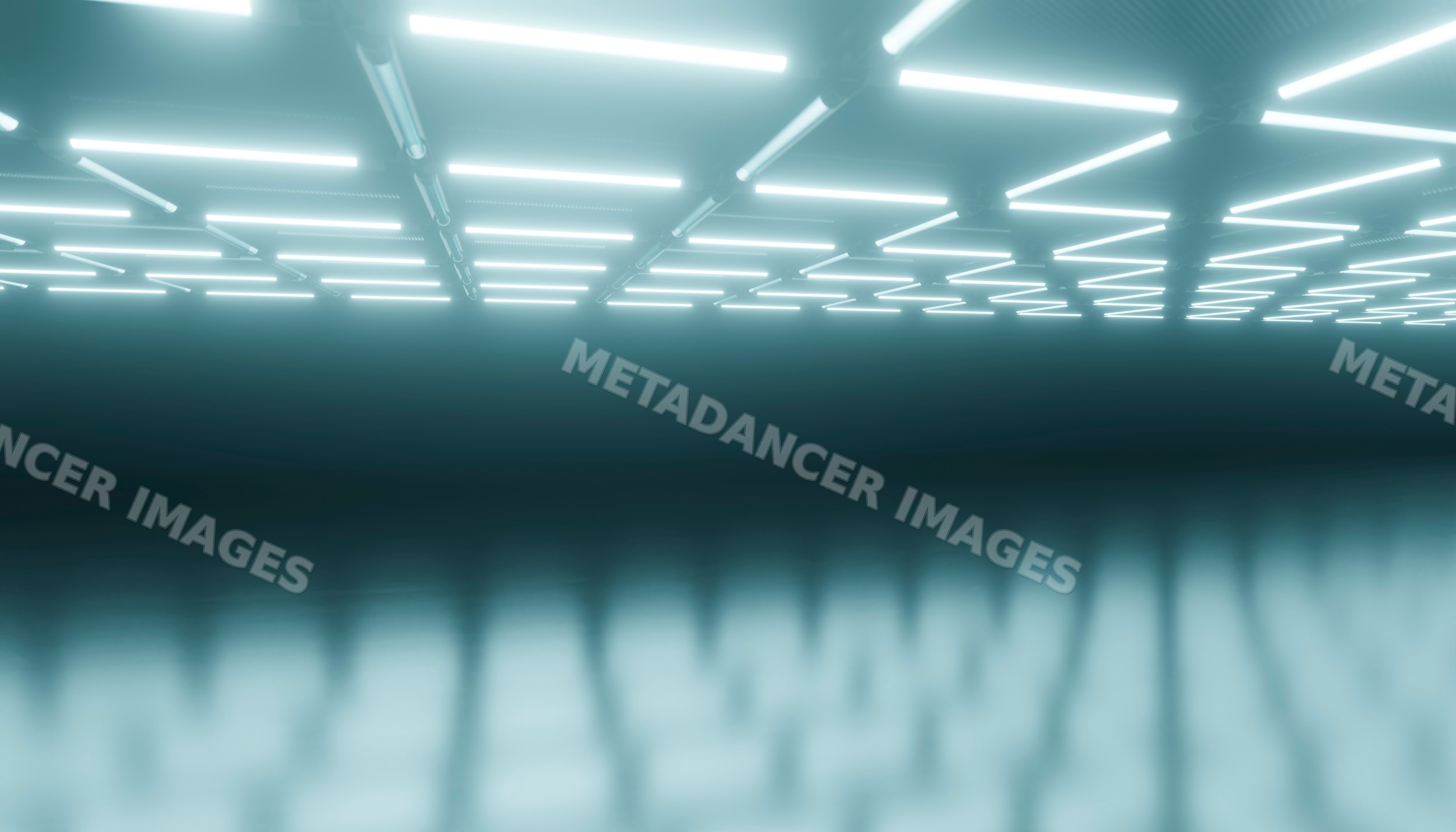 Data center interior featuring fluorescent ceiling lights