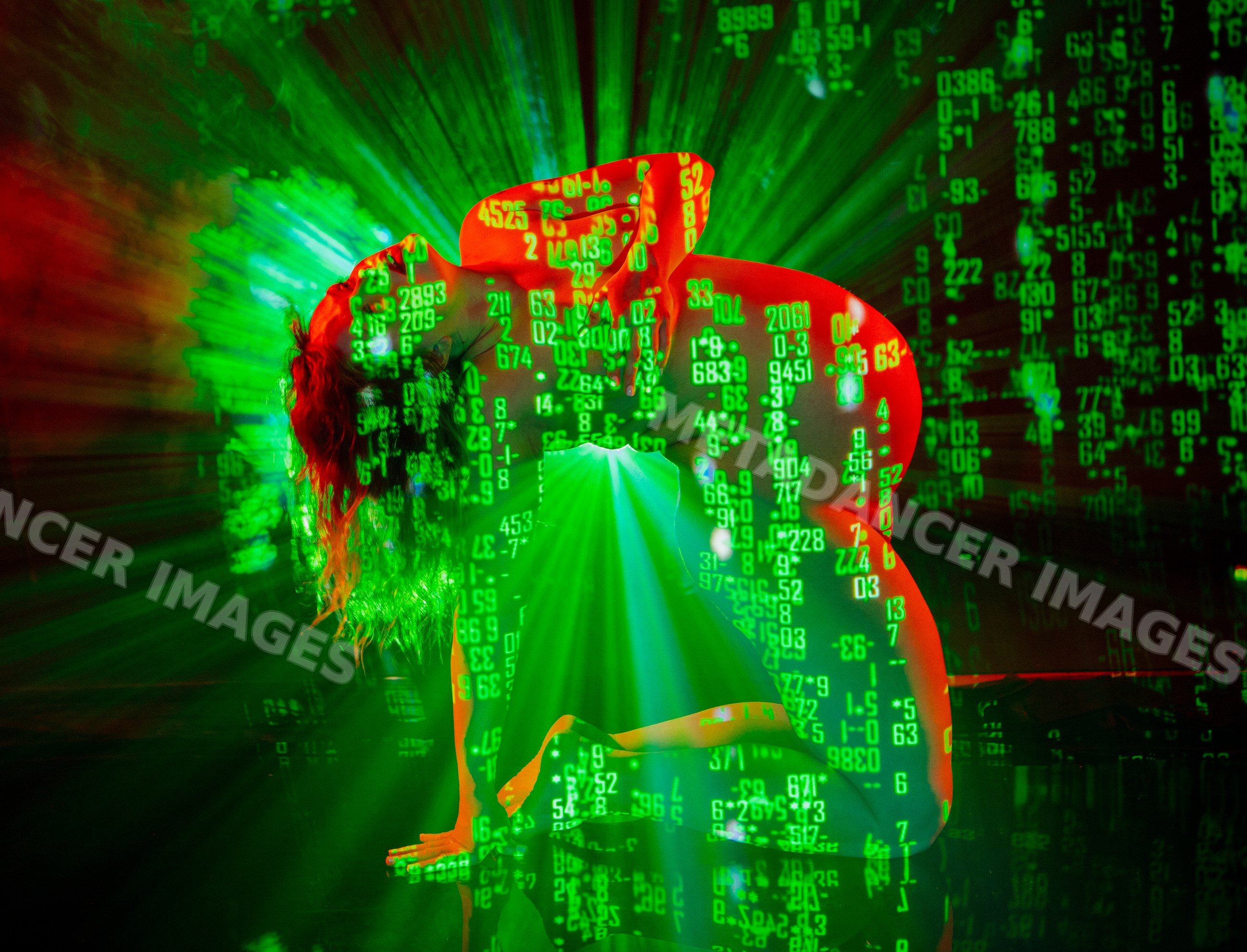 White woman kneeling with projected digital numbers