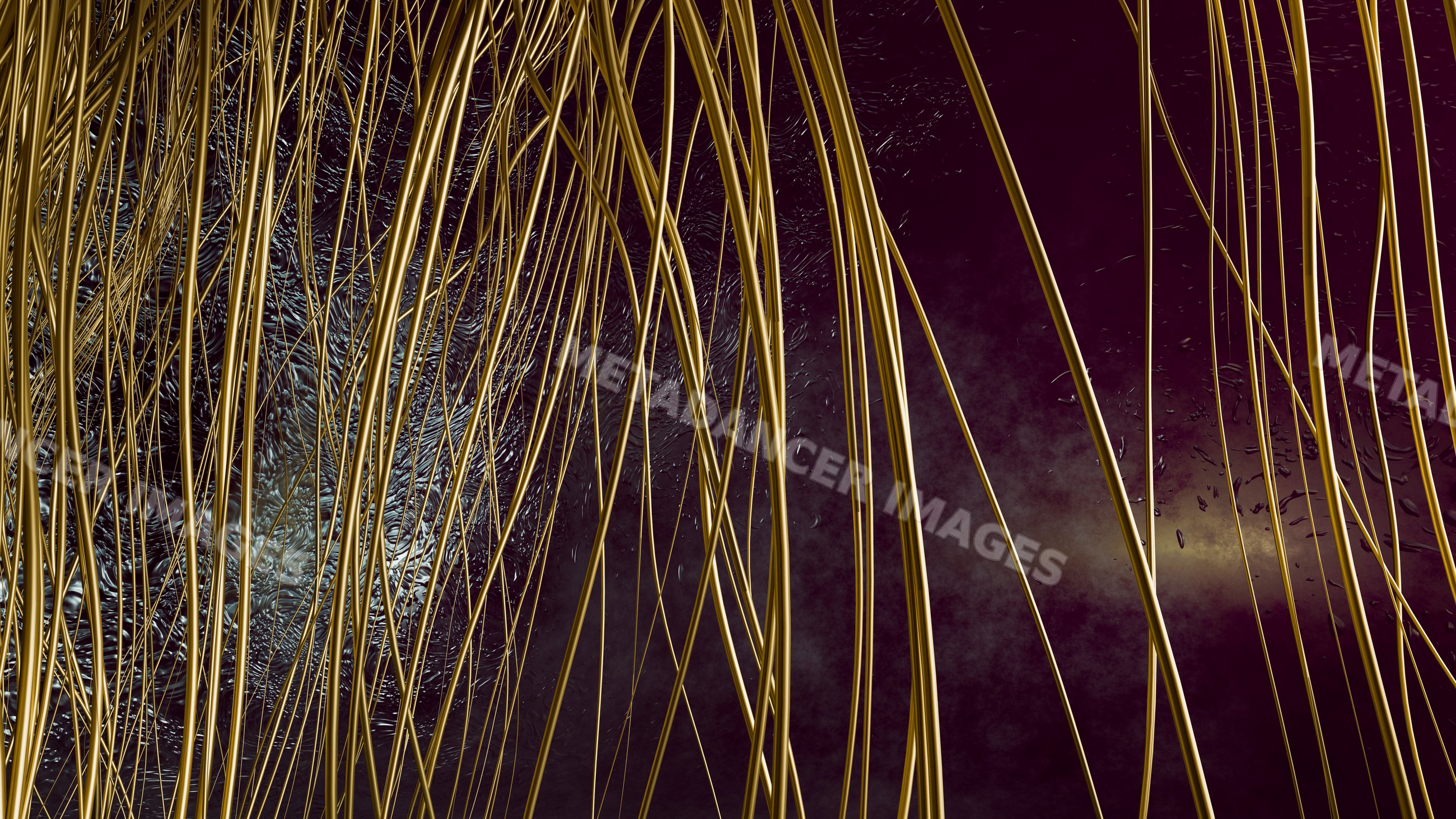 Golden strands of curved metallic tubes on dark purple background