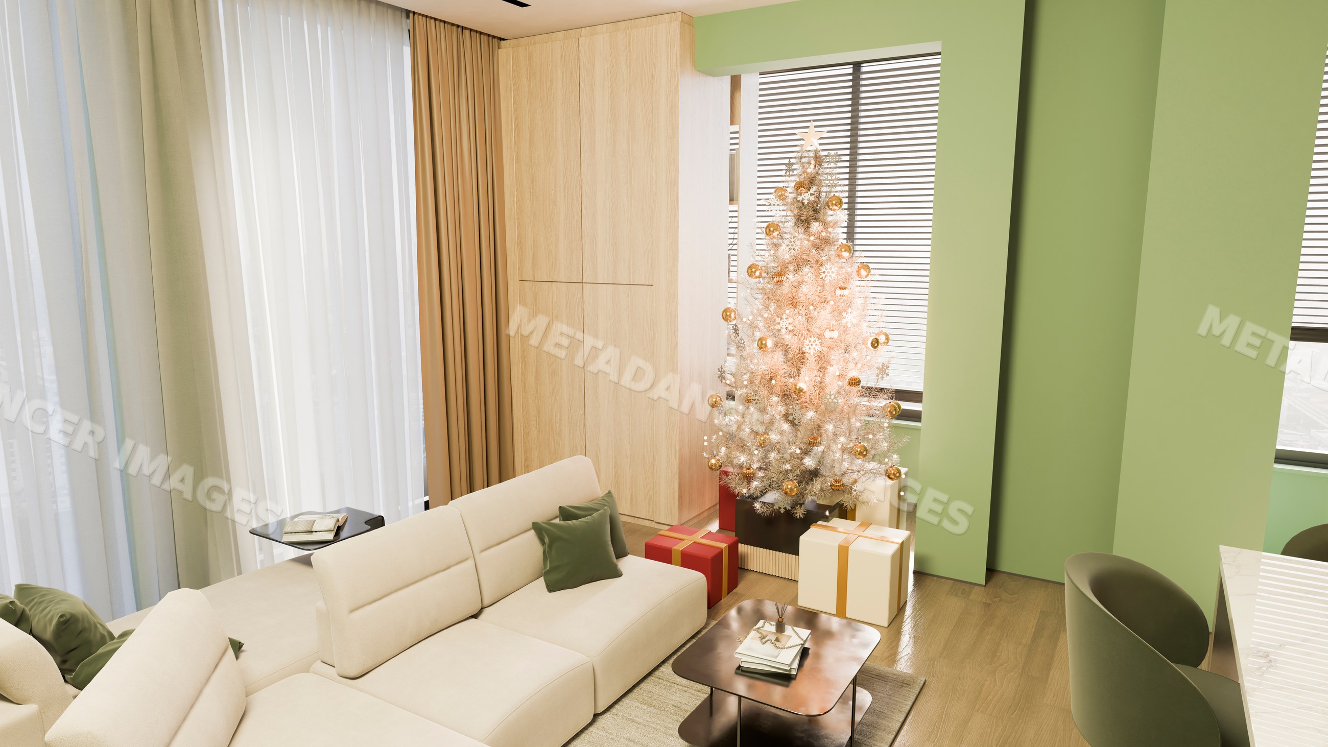 Christmas tree with gifts in modern living room interior