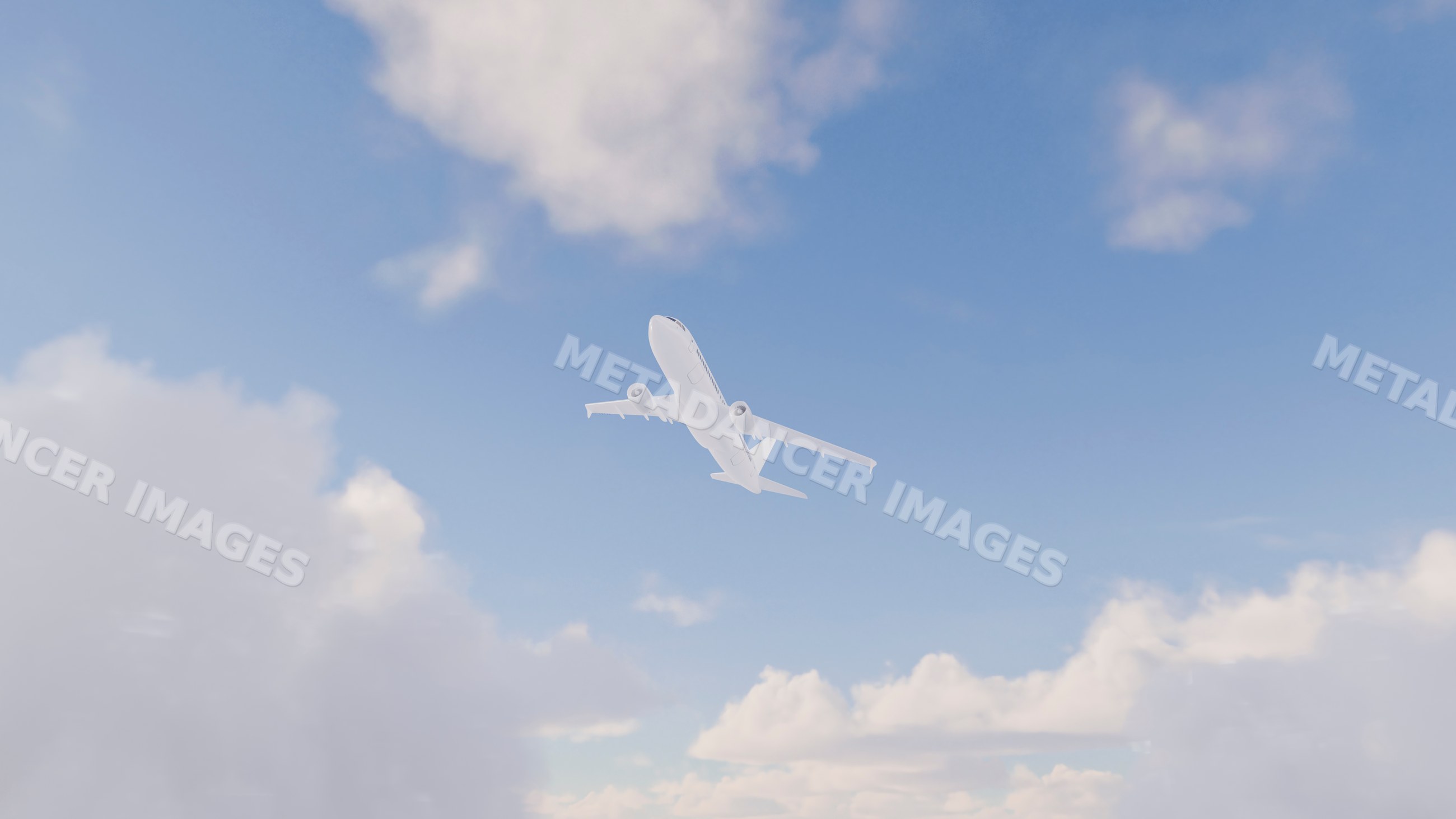 Airplane ascending in partly cloudy blue sky
