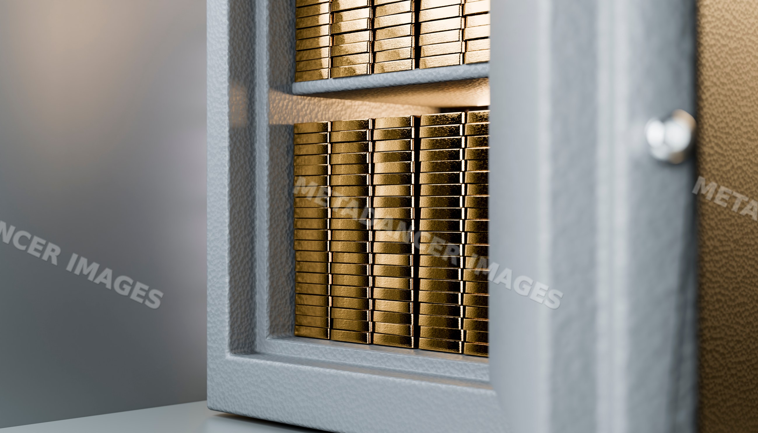 Gold bars stacked inside a safety deposit box