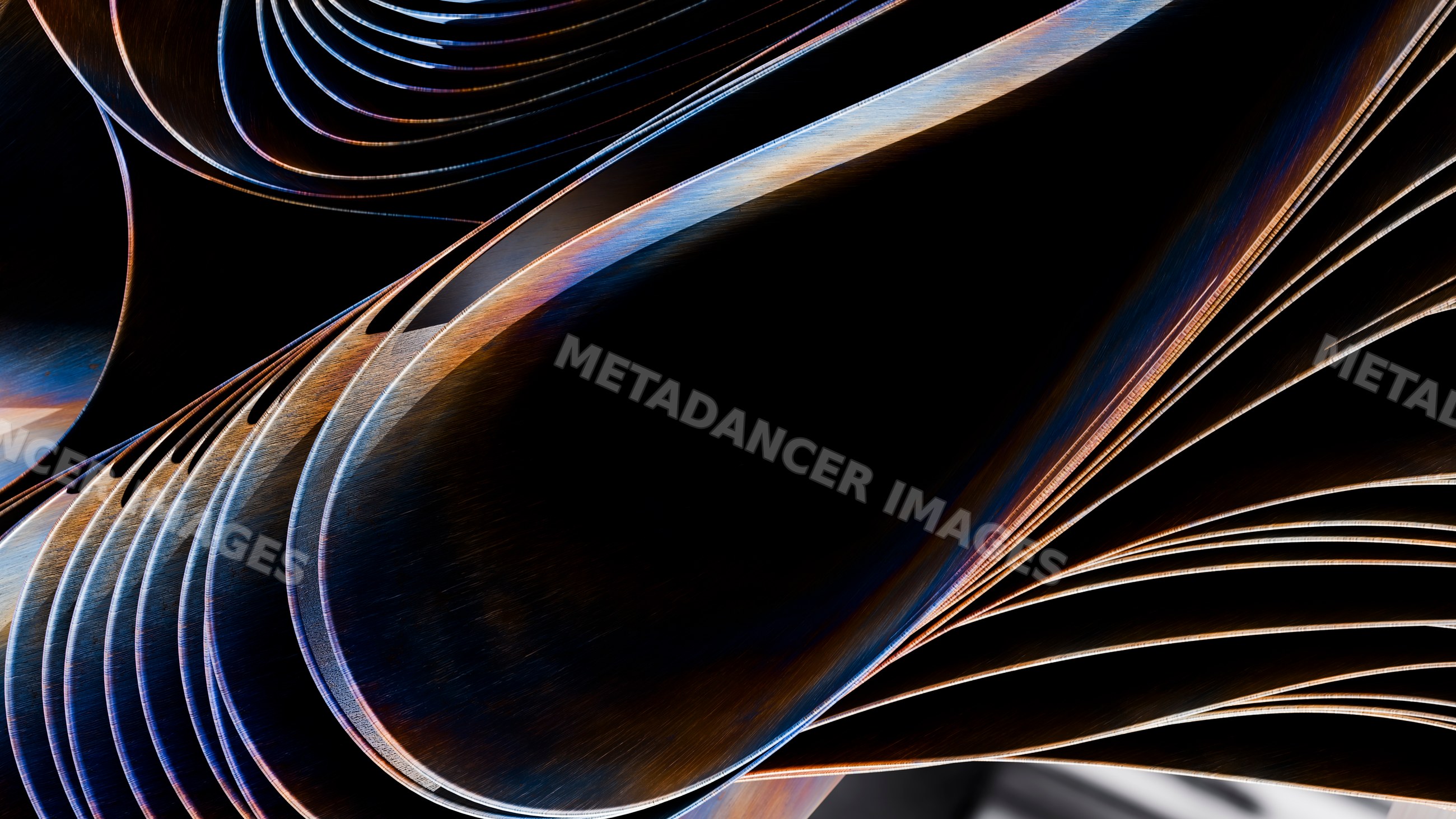 Stacked curved metal sheets with textured surfaces and shiny edges