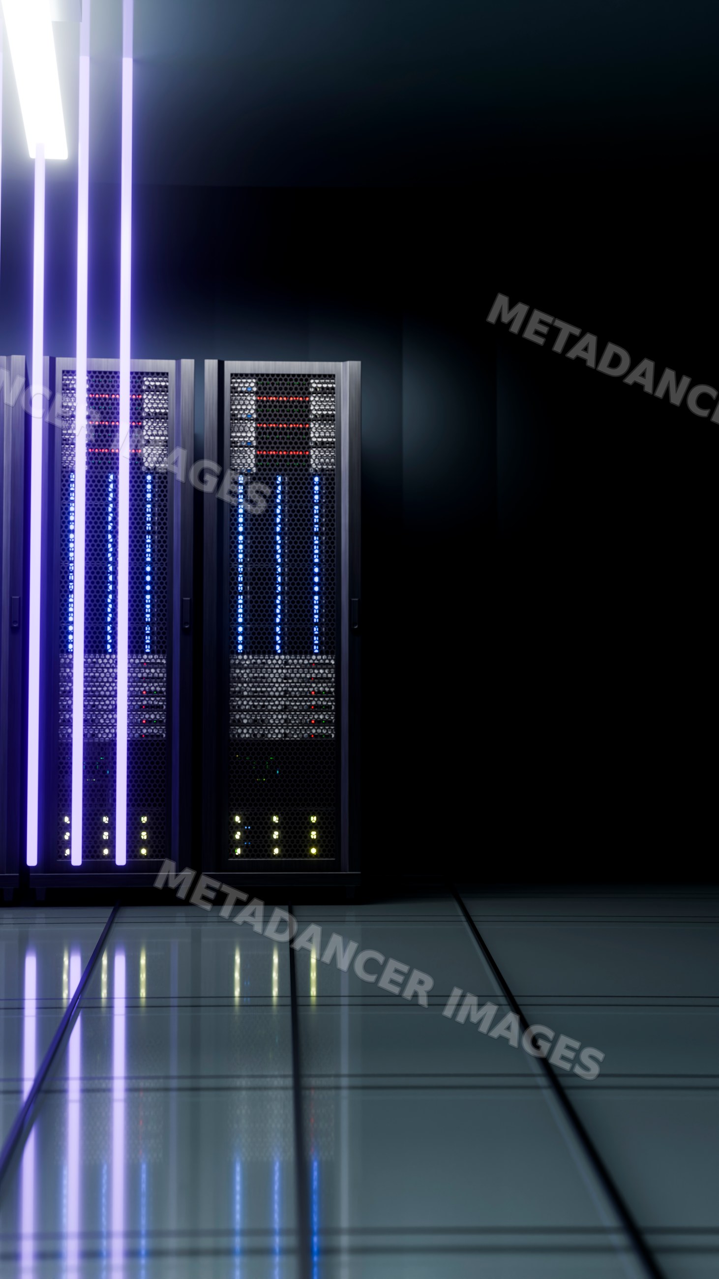 Data center servers with illuminated network equipment in dark room