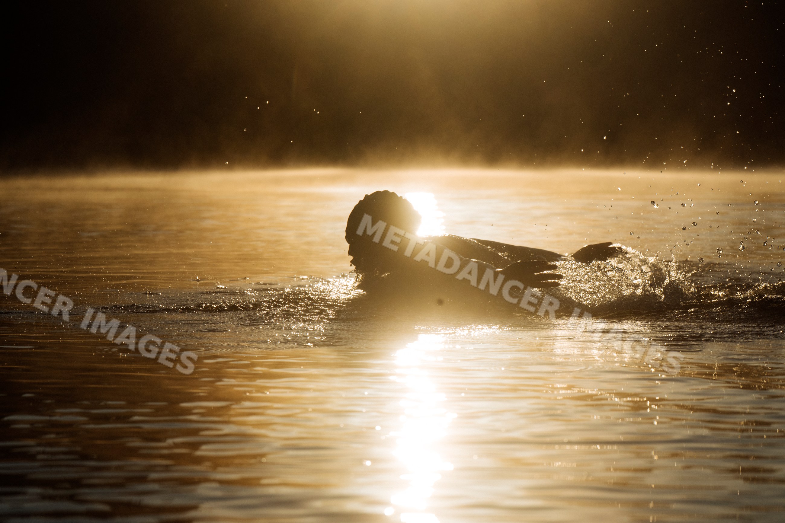 White swimmer performing stroke with sunlight reflecting on water