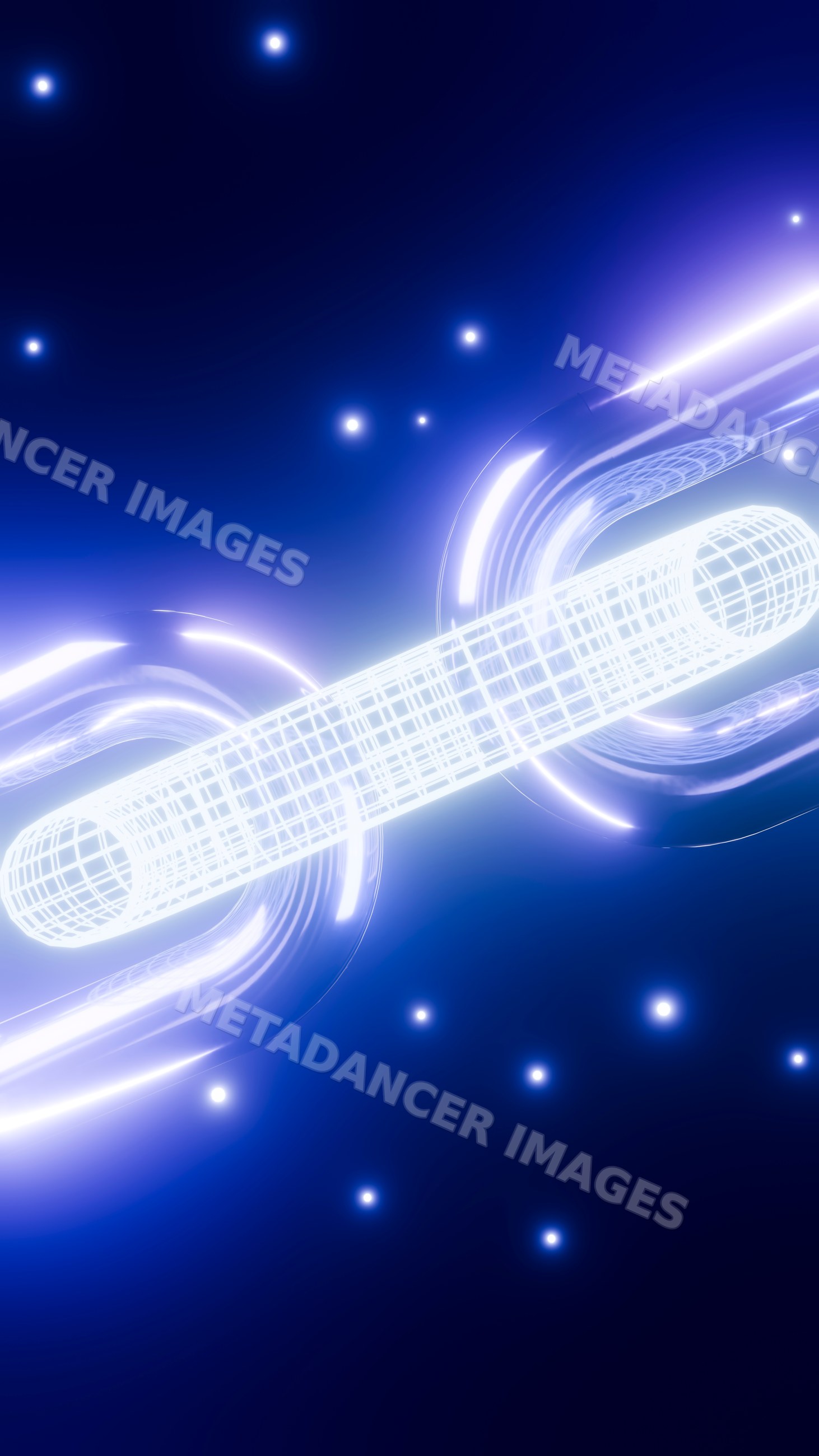 Glowing digital chain link with wireframe elements on blue background