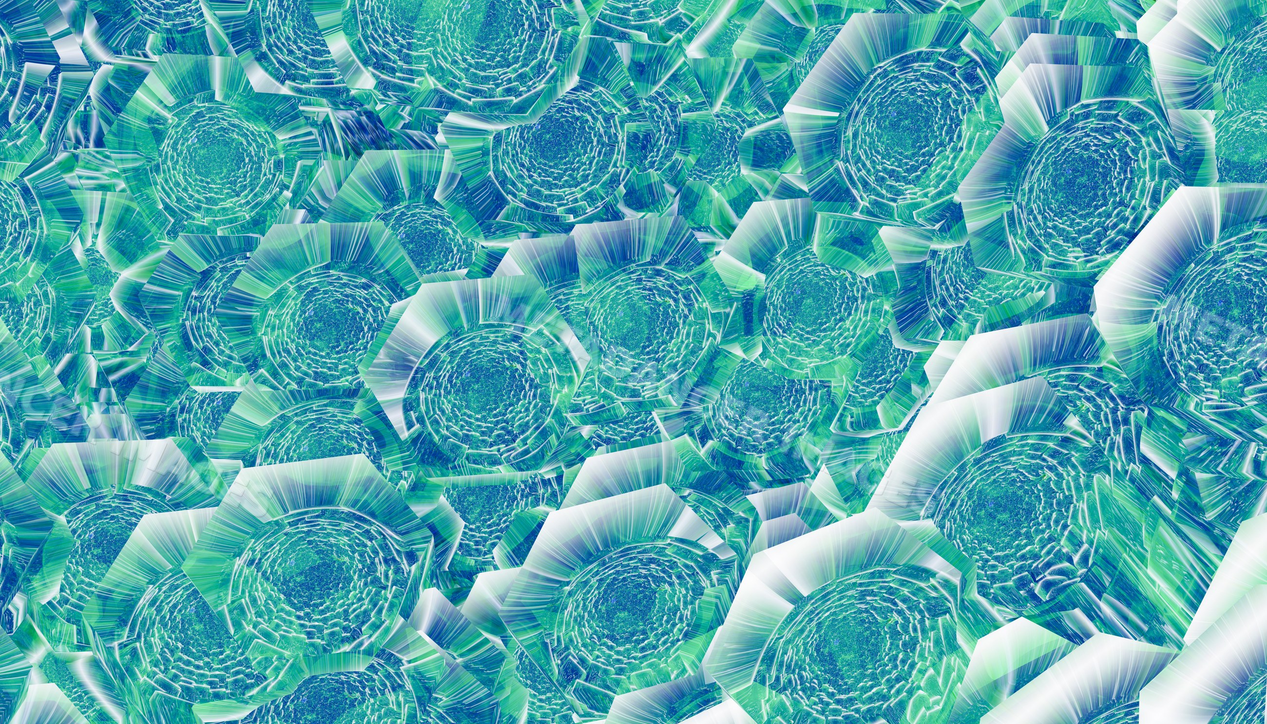 Abstract digital art with blue and green concentric octagonal patterns
