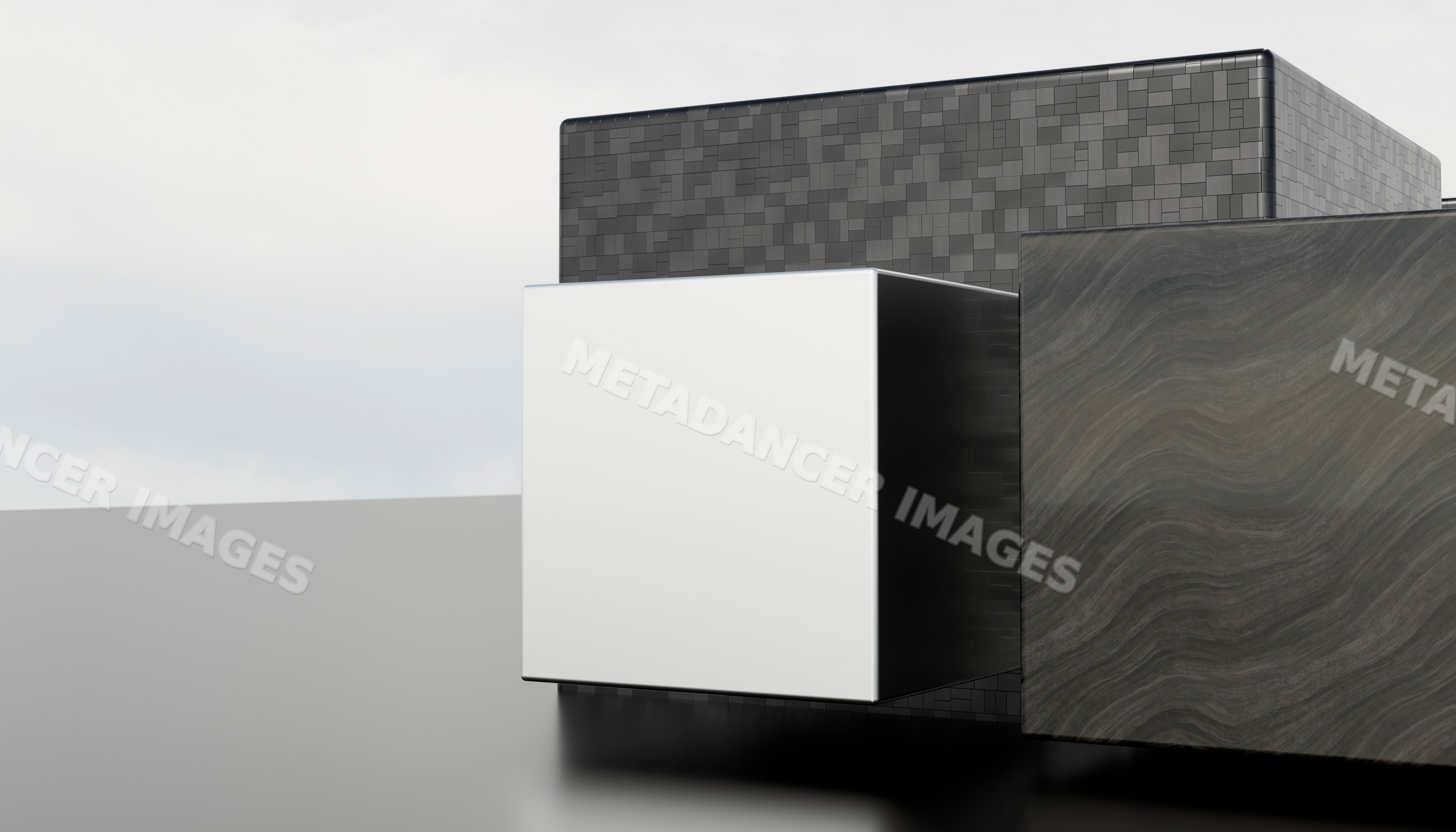 Minimalist digital rendering of three textured cubes arranged in a row