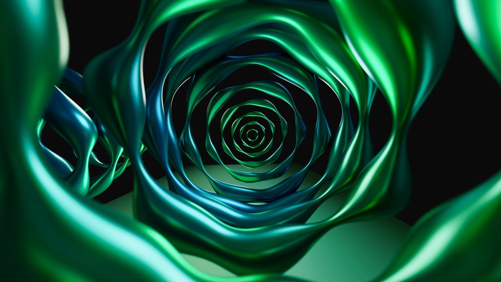 Abstract green and blue twisted spiral tunnel 3d illustration